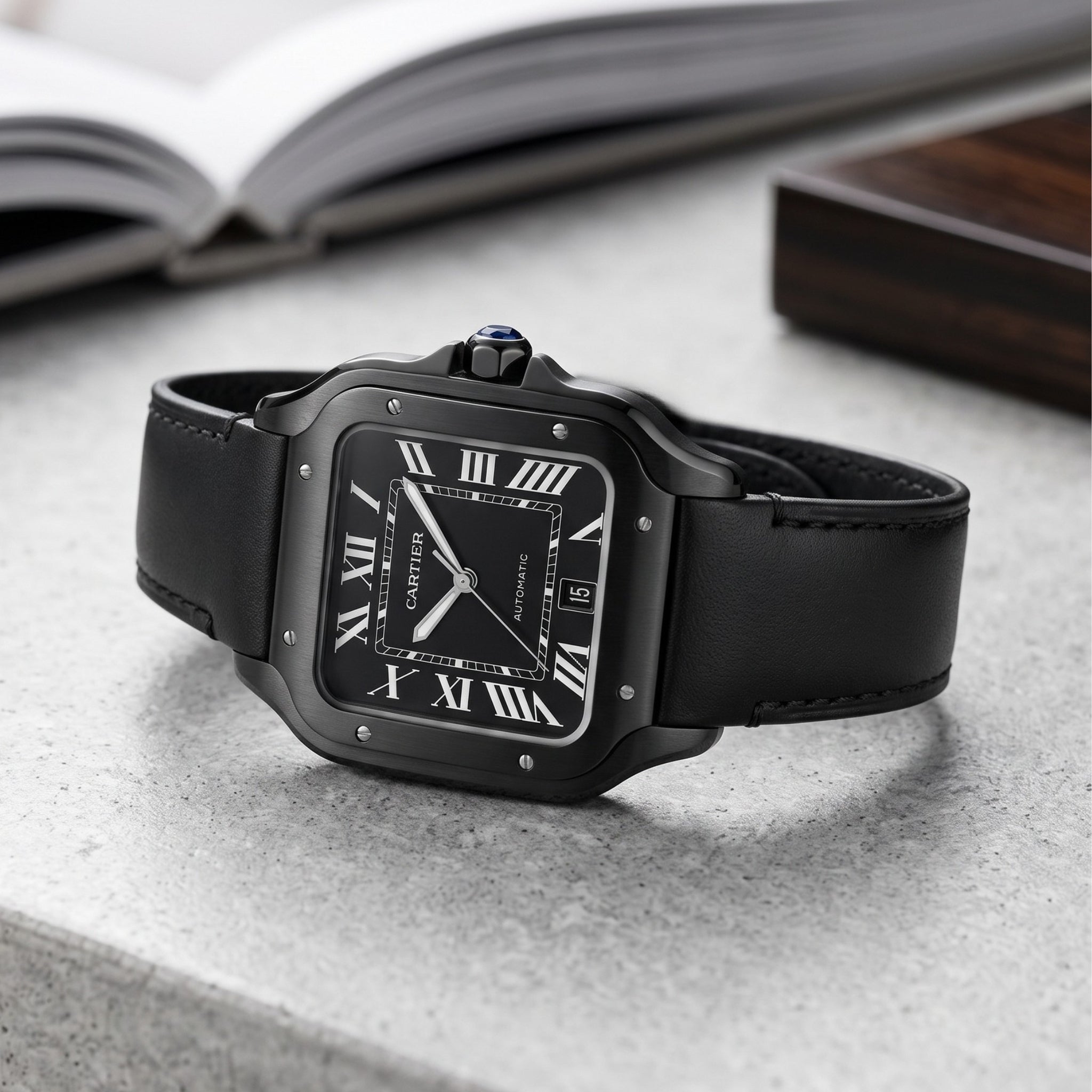 Leder Armband für Cartier Santos Medium/Large – Flach Schwarz – Quick Switch/Release