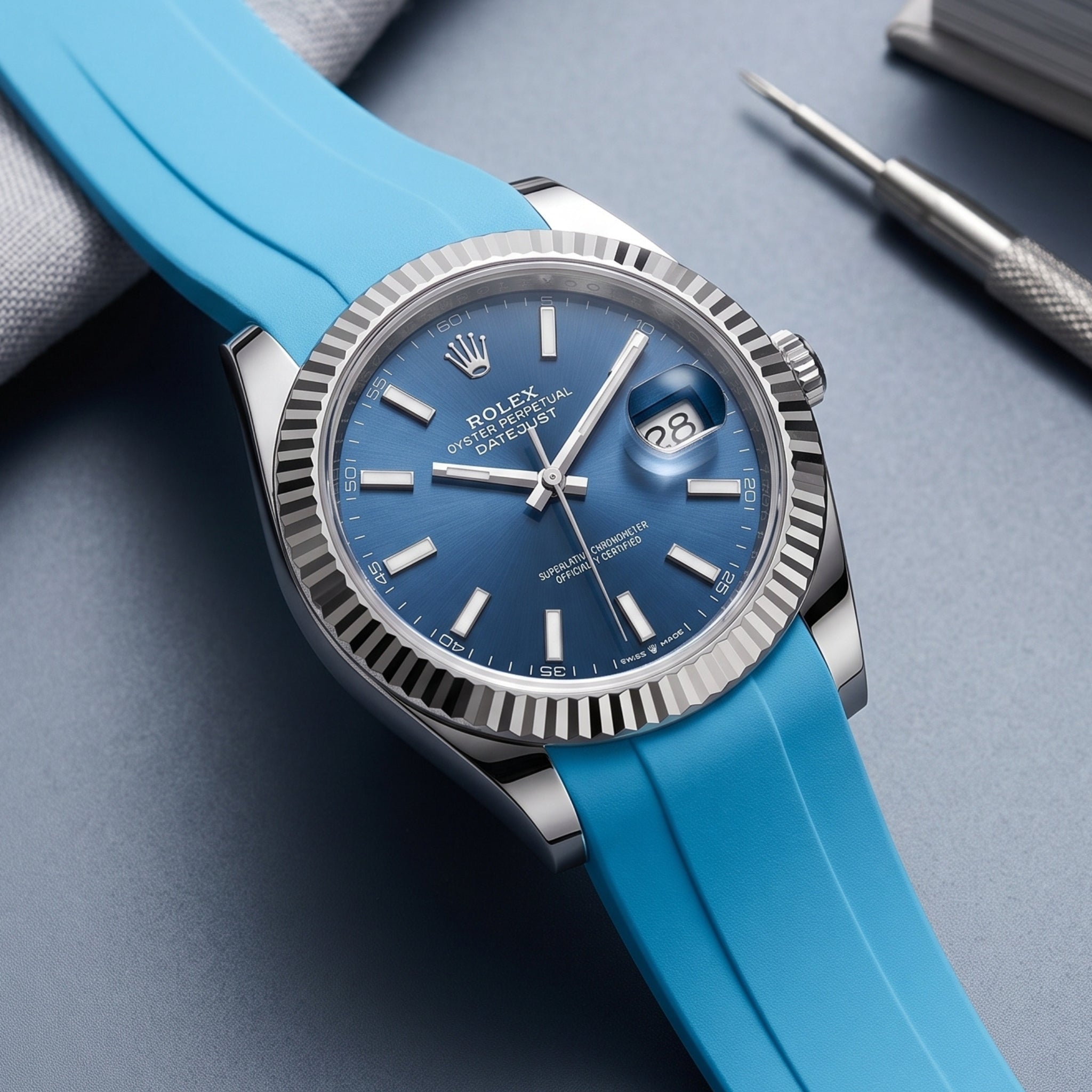 Faltschließe Kautschukarmband für Rolex Datejust 41mm – Hell Blau - Helvetus