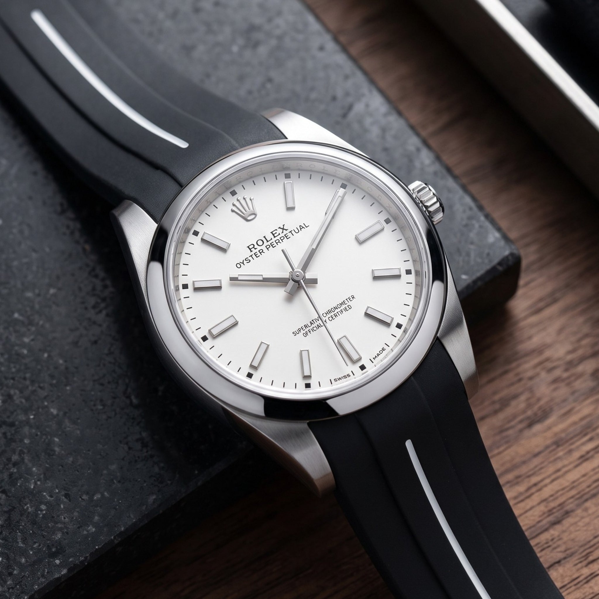 Faltschliesse Kautschukarmband für Rolex Oyster Perpetual 39mm – LuxLine® - Schwarz/Weiss - Helvetus