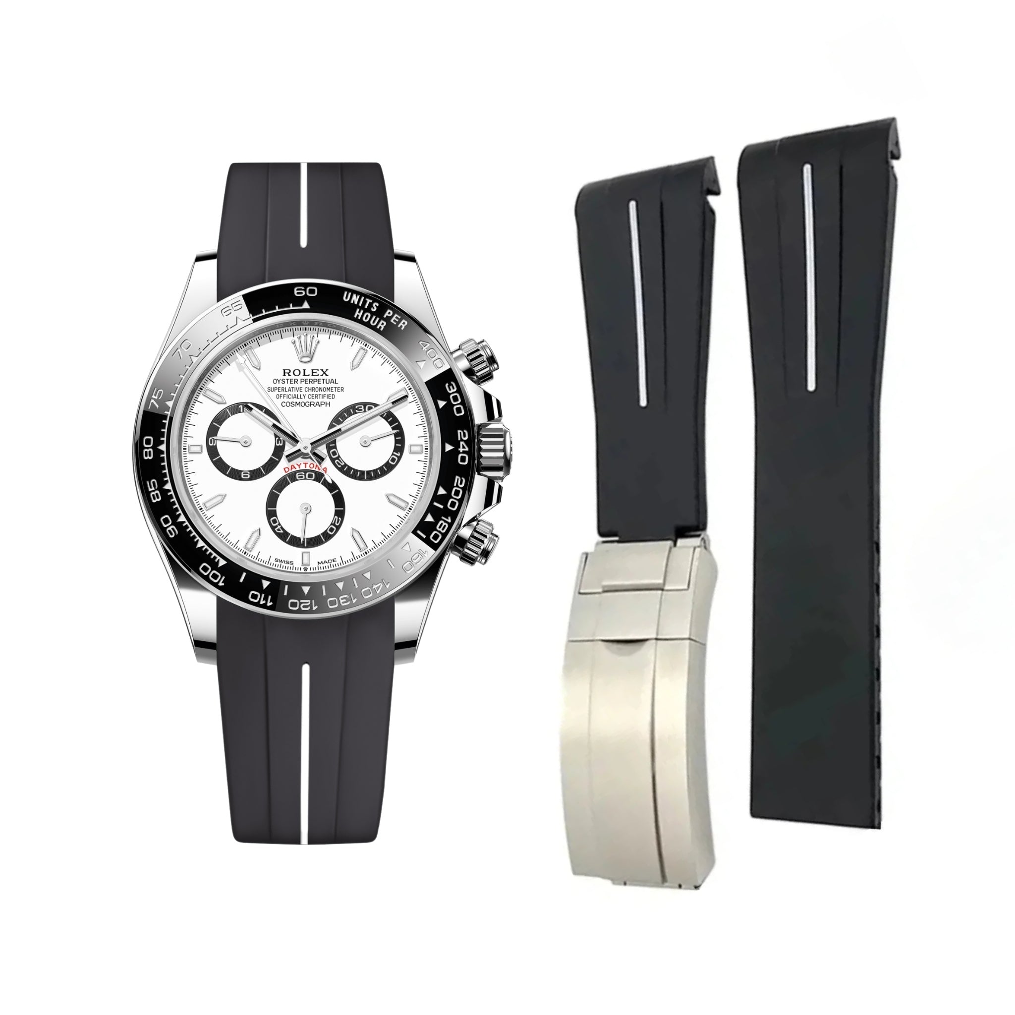 Faltschliesse Kautschukarmband für Rolex Daytona – LuxLine® - Schwarz/Weiss - Helvetus DE