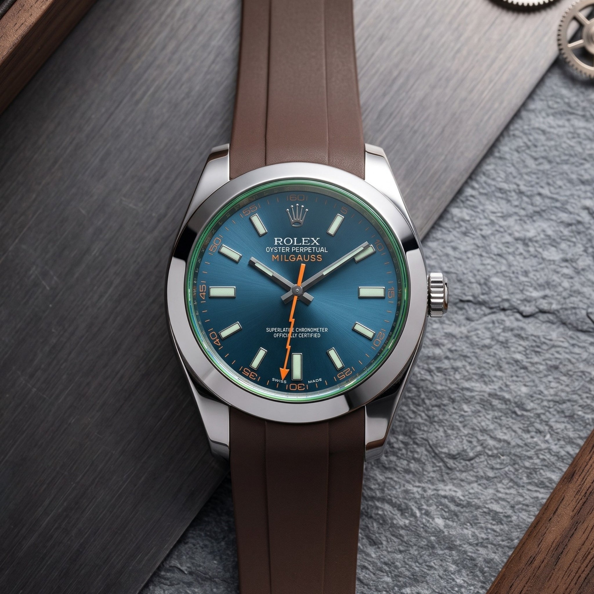 Faltschliessen Kautschukarmband für Rolex Milgauss in Braun - Helvetus