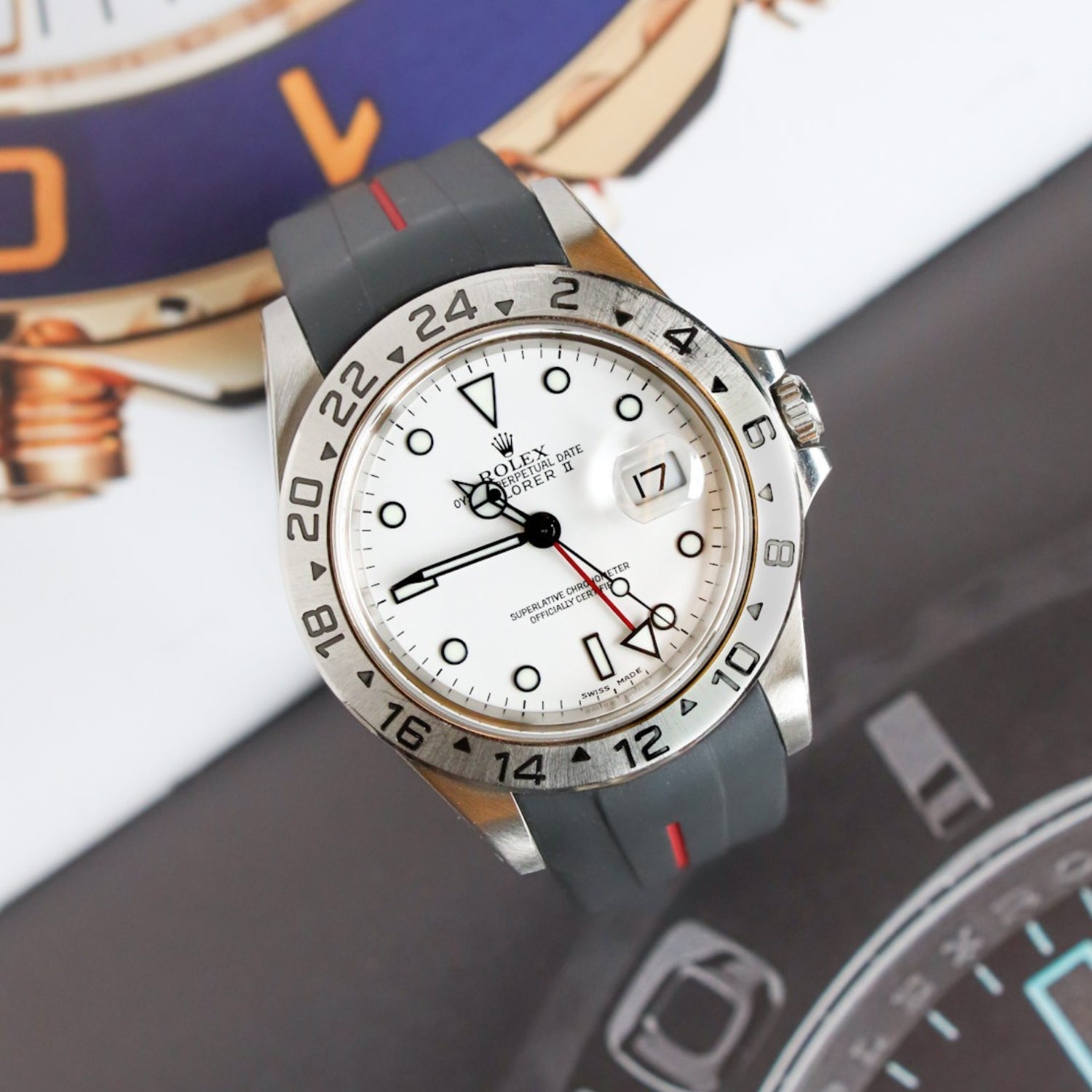 Faltschliessen Kautschukarmband für Rolex Explorer II – Schwarz/Rot Linie | LuxLine® - Helvetus DE