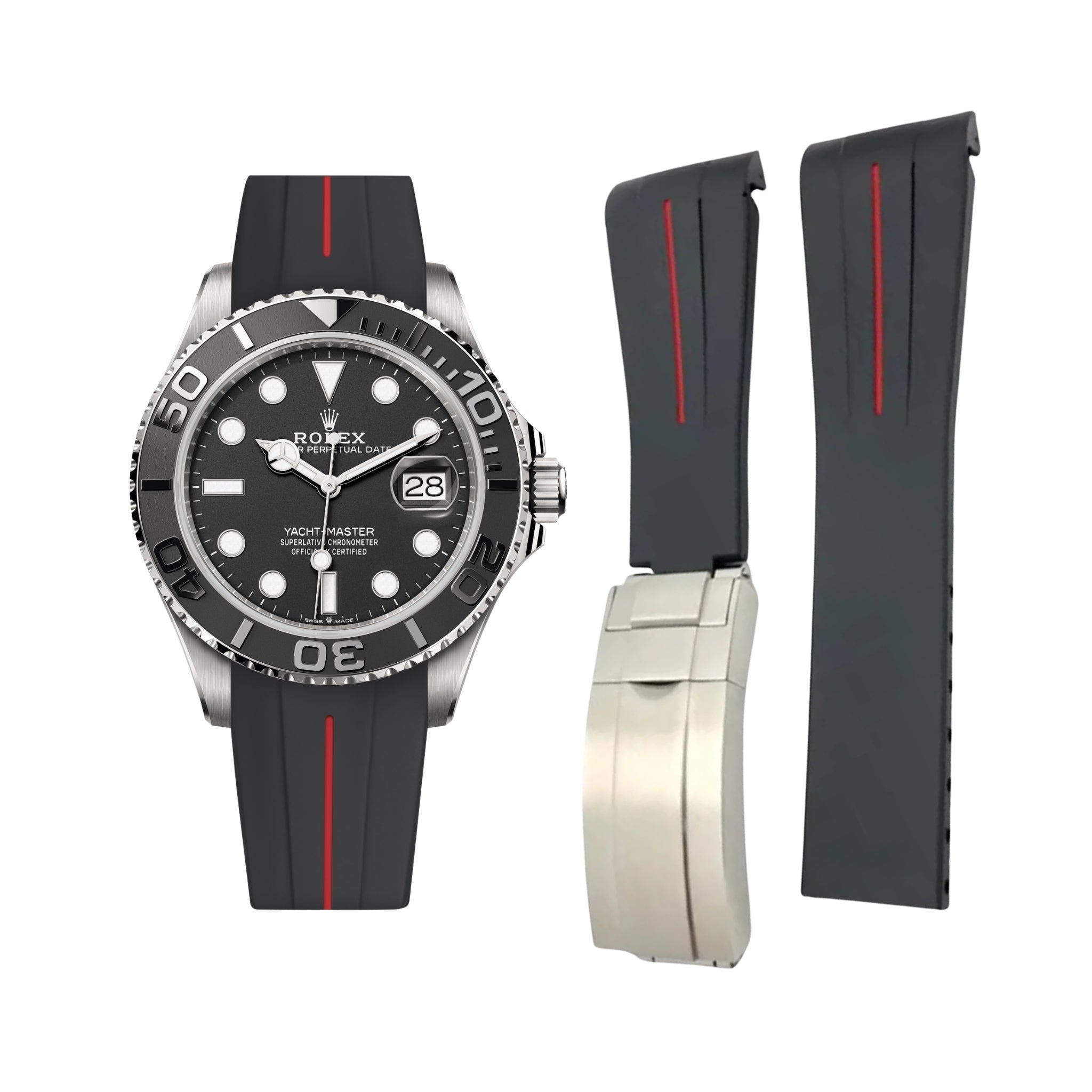Faltschliessen Kautschukarmband für Rolex GMT - Master II in Schwarz mit Roter Linie | LuxLine® - Helvetus DE