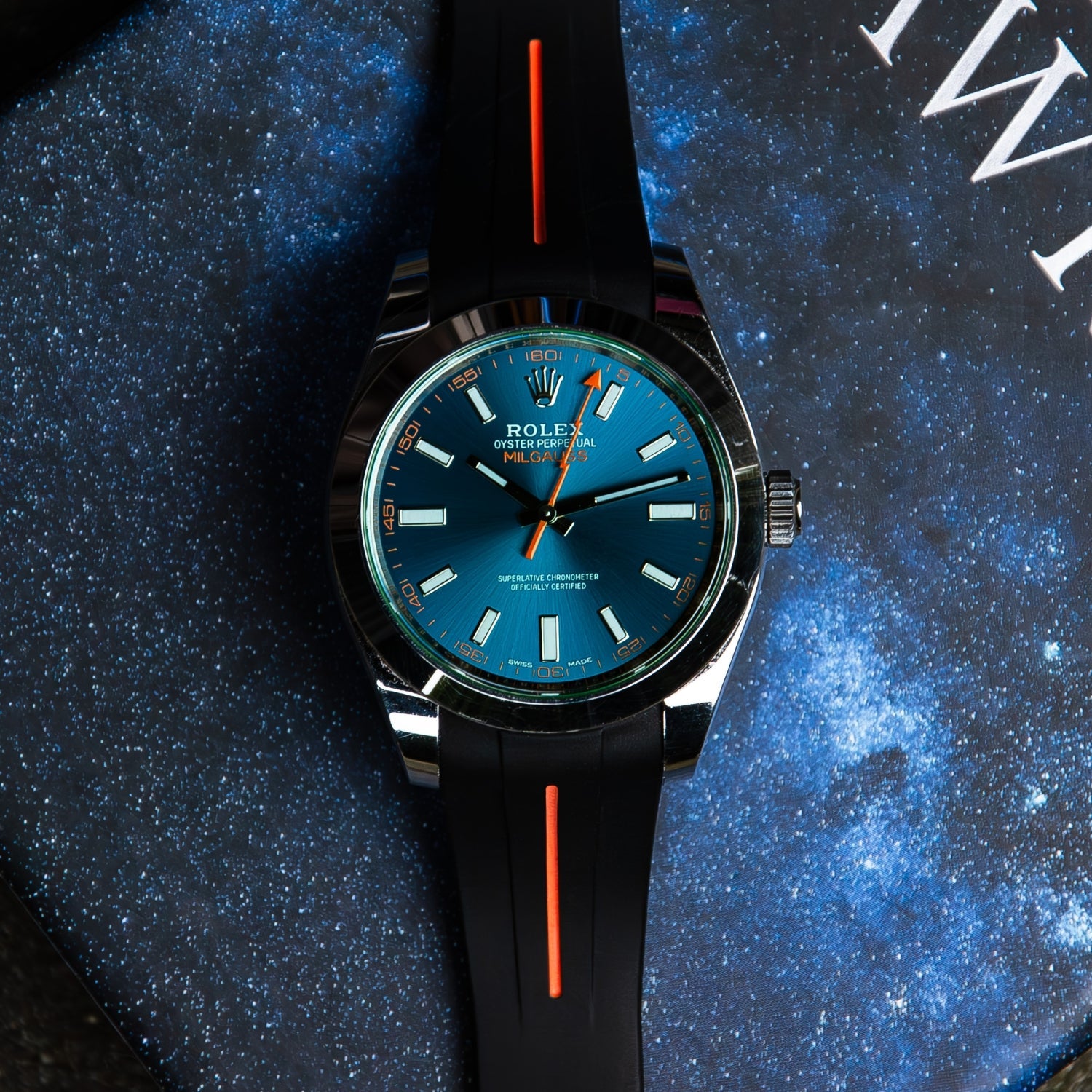 Faltschliessen Kautschukarmband für Rolex Milgauss – LuxLine® - Schwarz/Orange - Helvetus DE