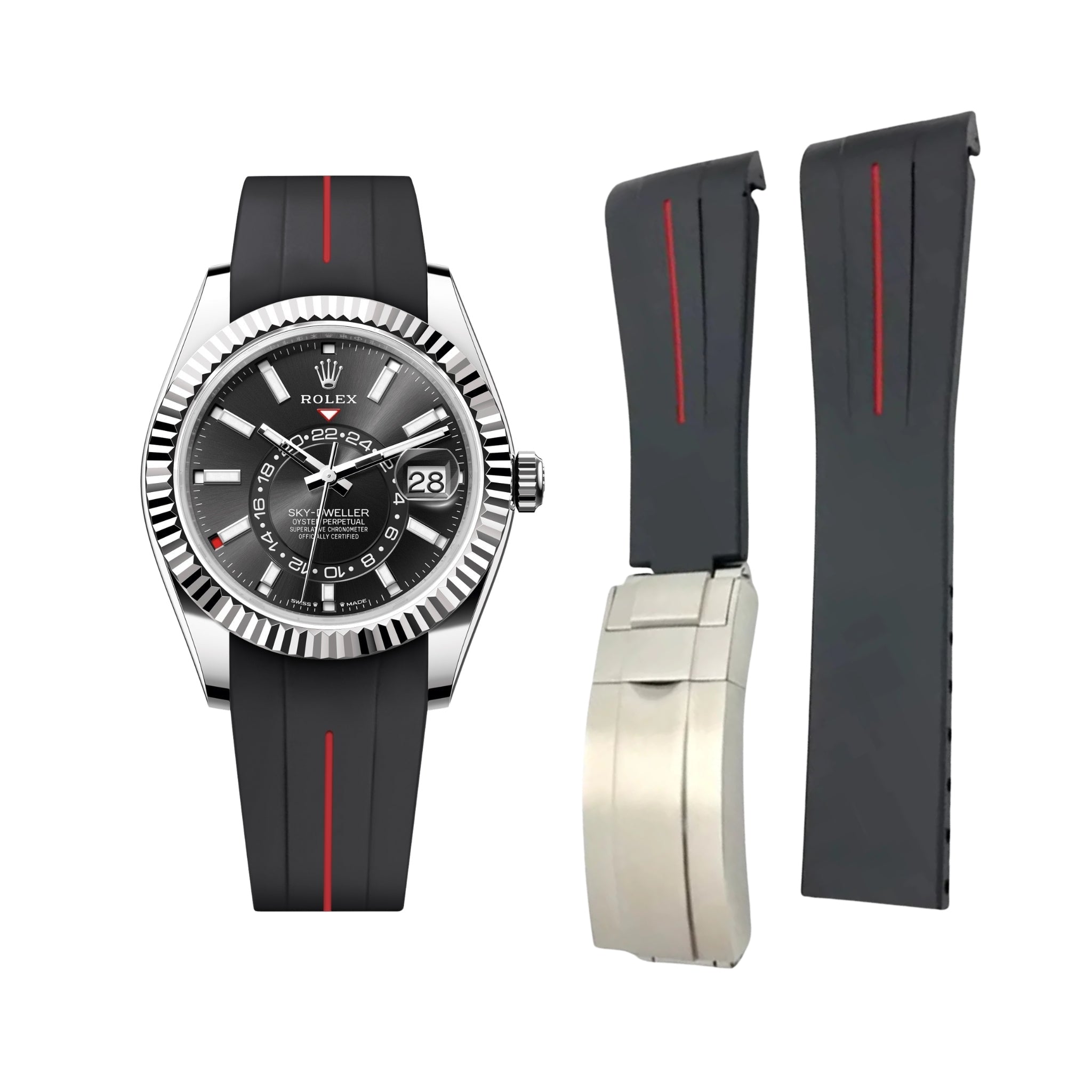 Faltschliessen Kautschukarmband für Rolex Sky - Dweller – Schwarz/Rot Linie | LuxLine® - Helvetus DE