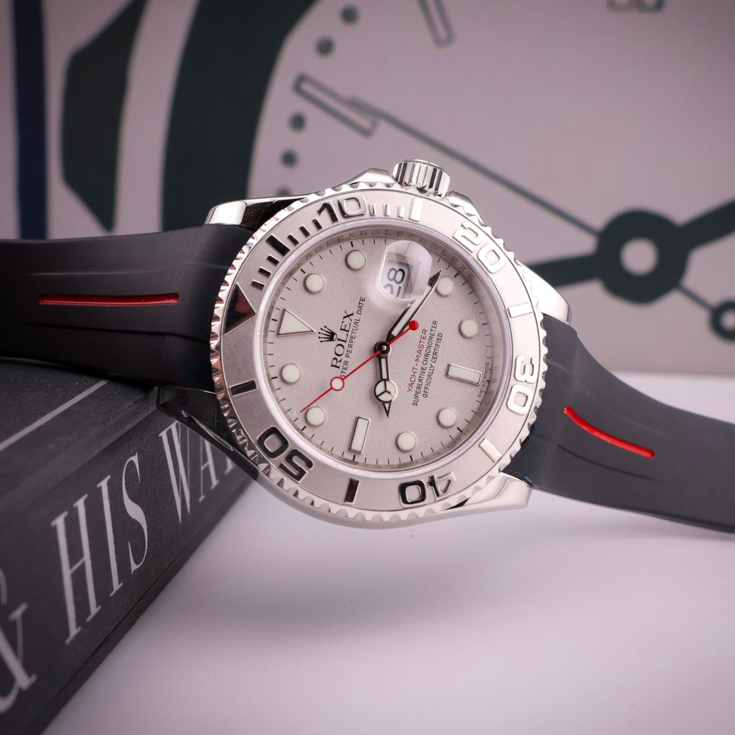 Faltschliessen Kautschukarmband für Rolex Yacht - Master 40mm/42mm – Schwarz/Rot Linie | LuxLine® - Helvetus DE