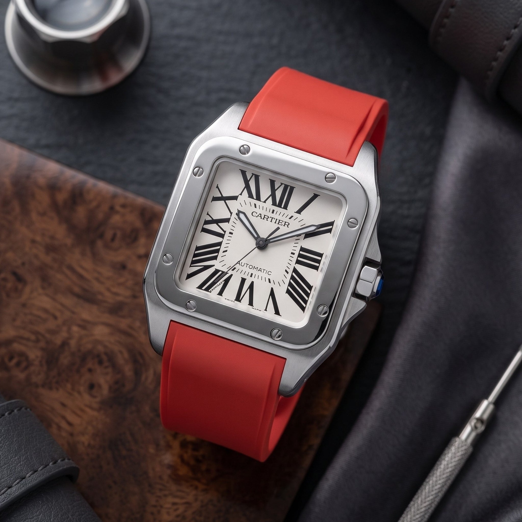 Kautschuk Armband für Cartier Santos 100 – Rot - Helvetus