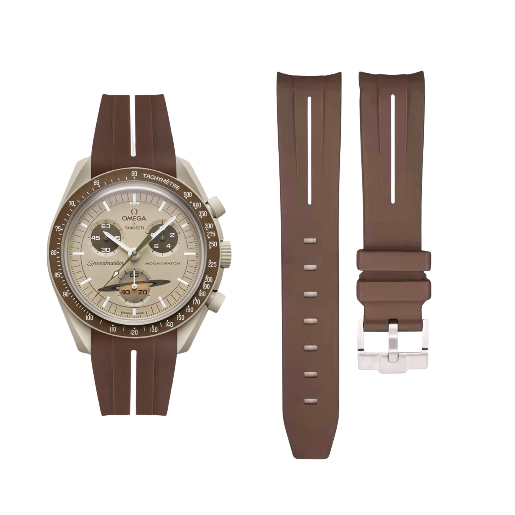 Kautschukarmband – Für Mission to Saturn | Omega X Swatch | MoonSwatch – Braun mit Weißer Linie - Helvetus DE