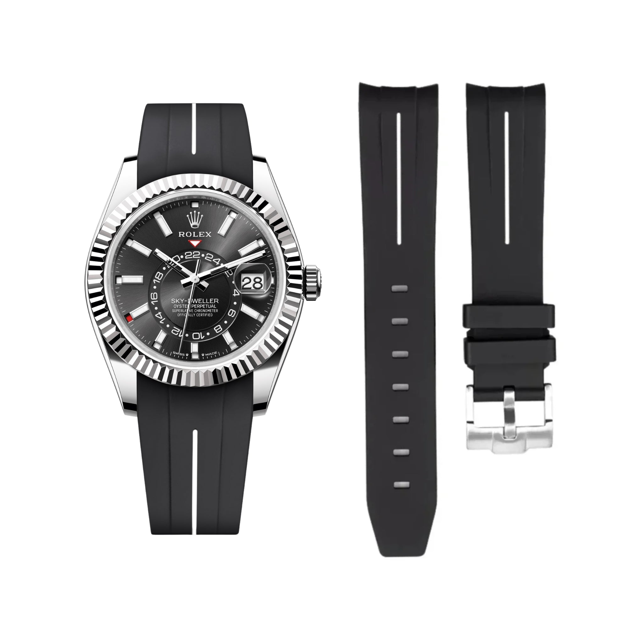Kautschukarmband für Rolex Sky - Dweller – Schwarz/Weiß Linie | LuxLine® - Helvetus DE
