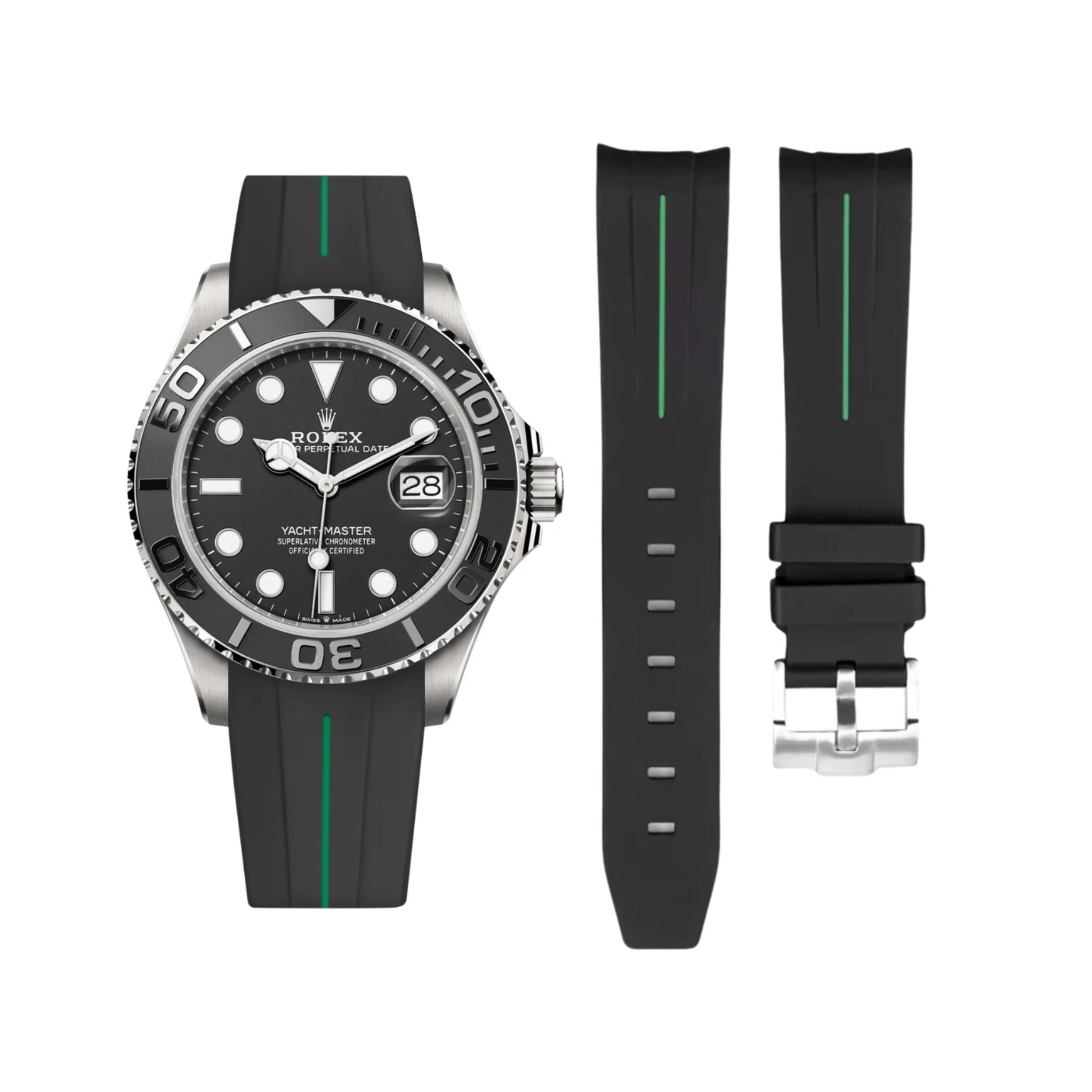 Kautschukarmband für Rolex Yacht - Master 40mm/42mm – Schwarz/Grün Linie | LuxLine® - Helvetus DE