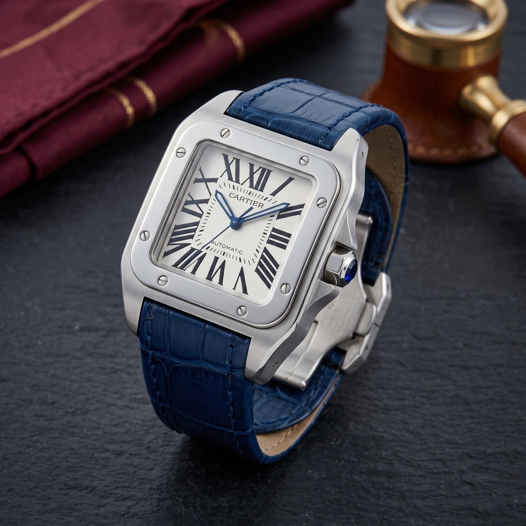 Leder Armband - für Cartier Santos 100 - Blau - Helvetus