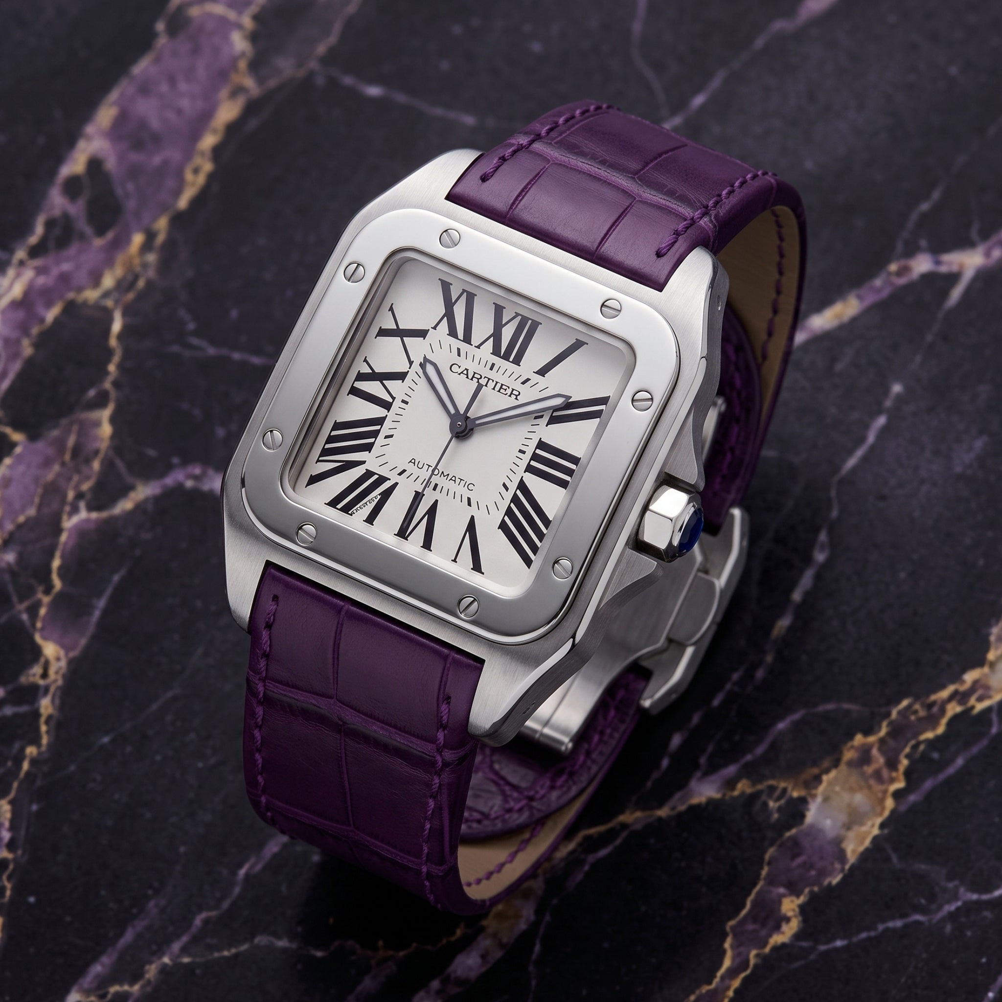 Leder Armband - für Cartier Santos 100 - Violett - Helvetus