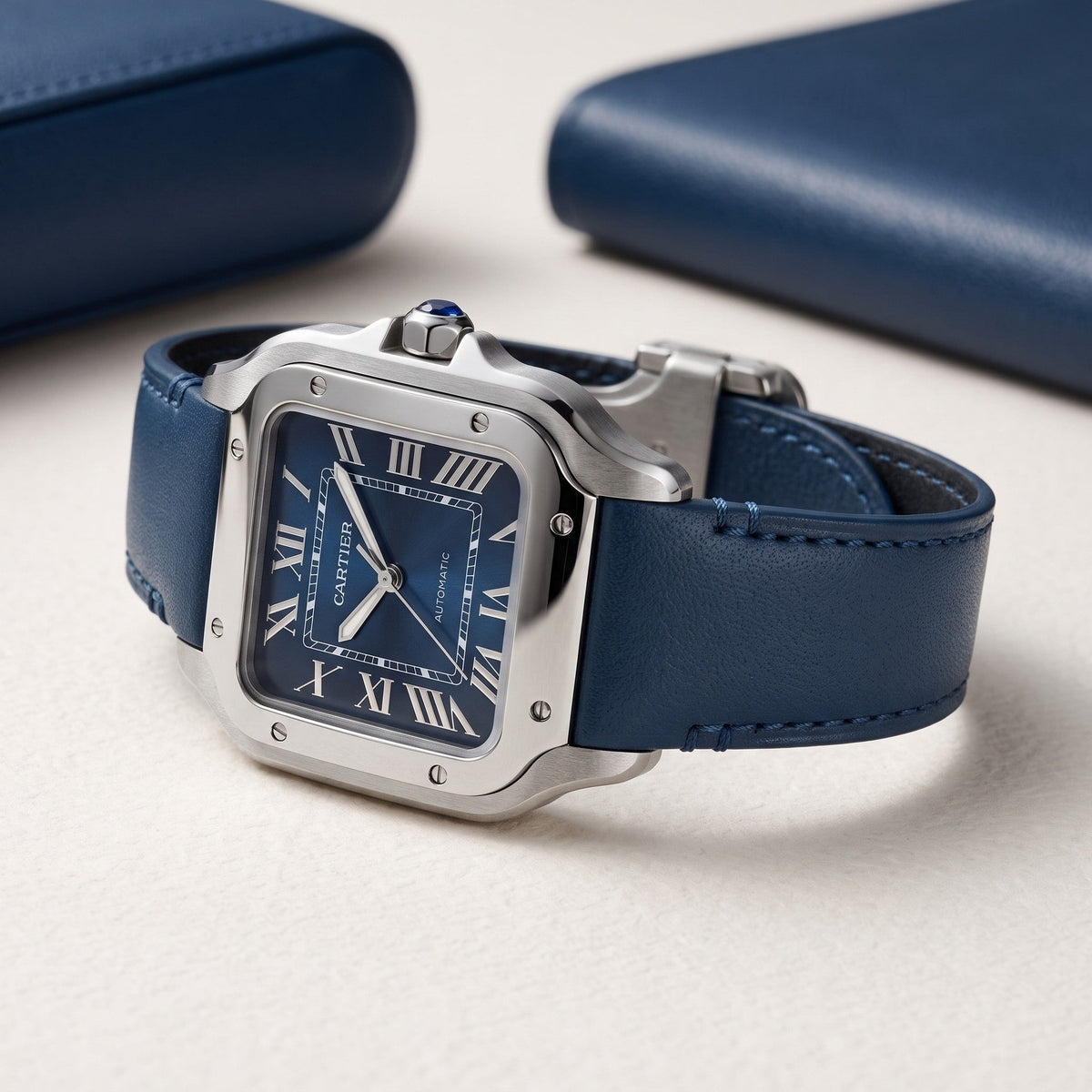 Leder Armband für Cartier Santos Medium/Large – Flach Blau – Quick Switch/Release - Helvetus