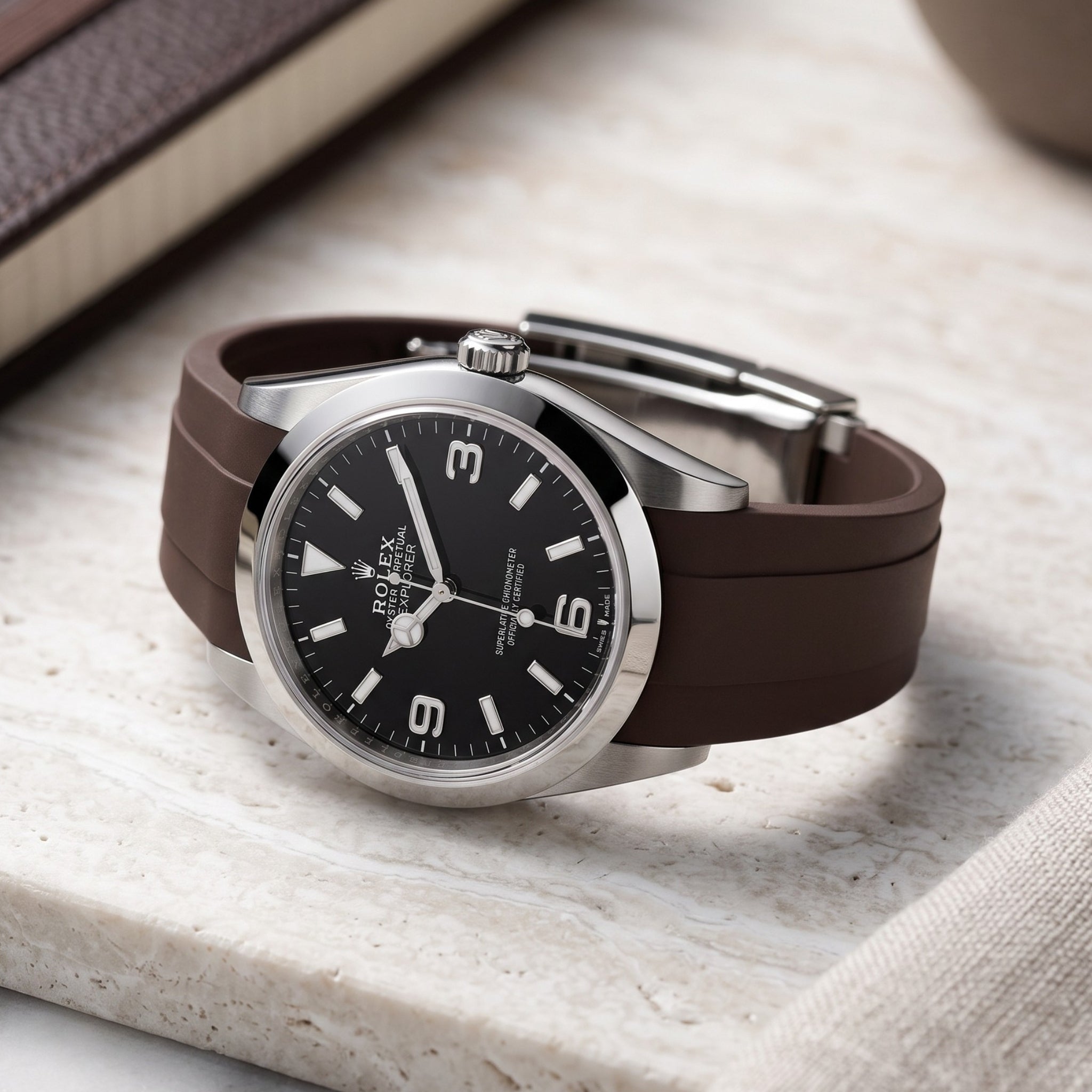 Faltschließe Kautschukarmband für Rolex Explorer I – Braun