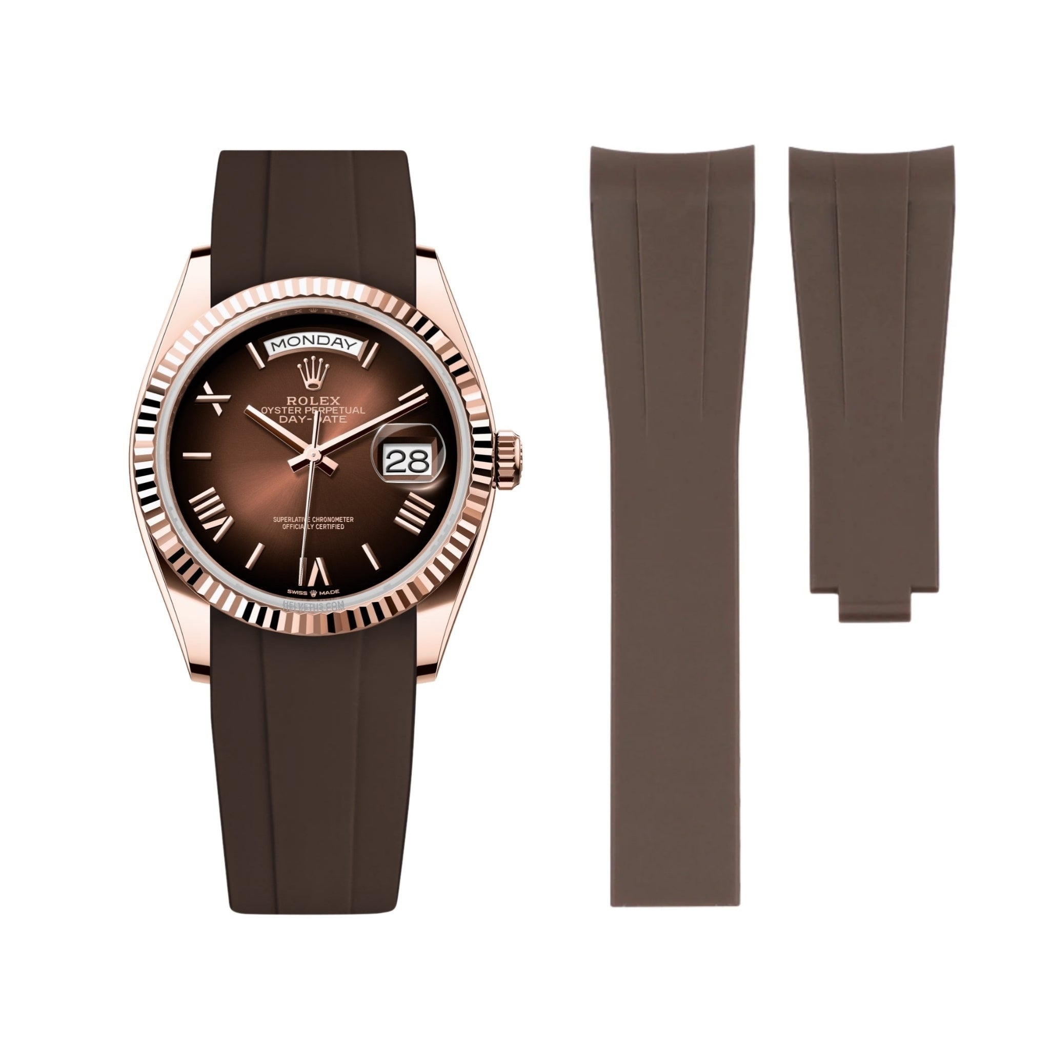 Deployant Rubber Strap - For Rolex Day - Date 36mm - Brown - Helvetus