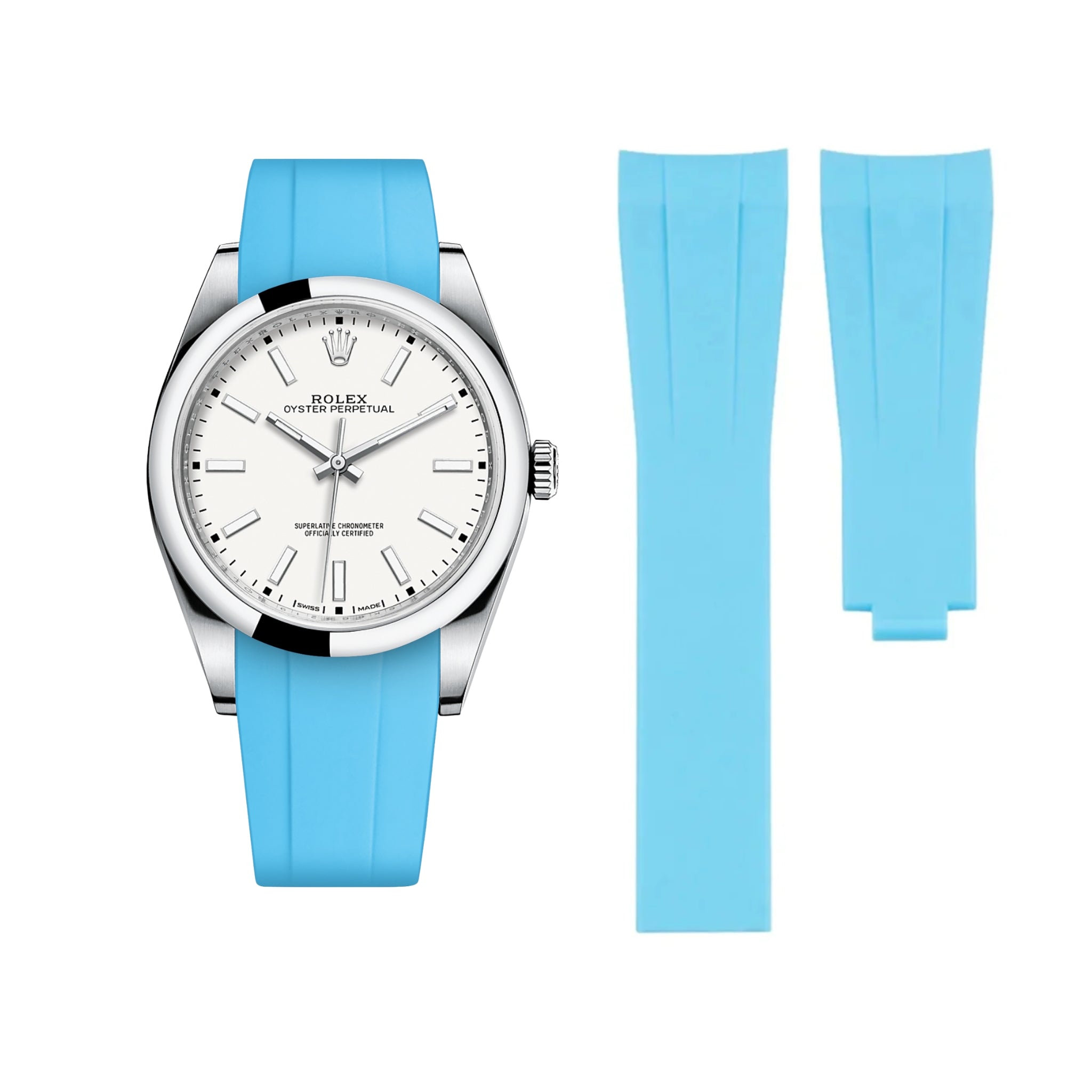 Deployant Rubber Strap - For Rolex Oyster Perpetual 39mm - Light Blue - Helvetus