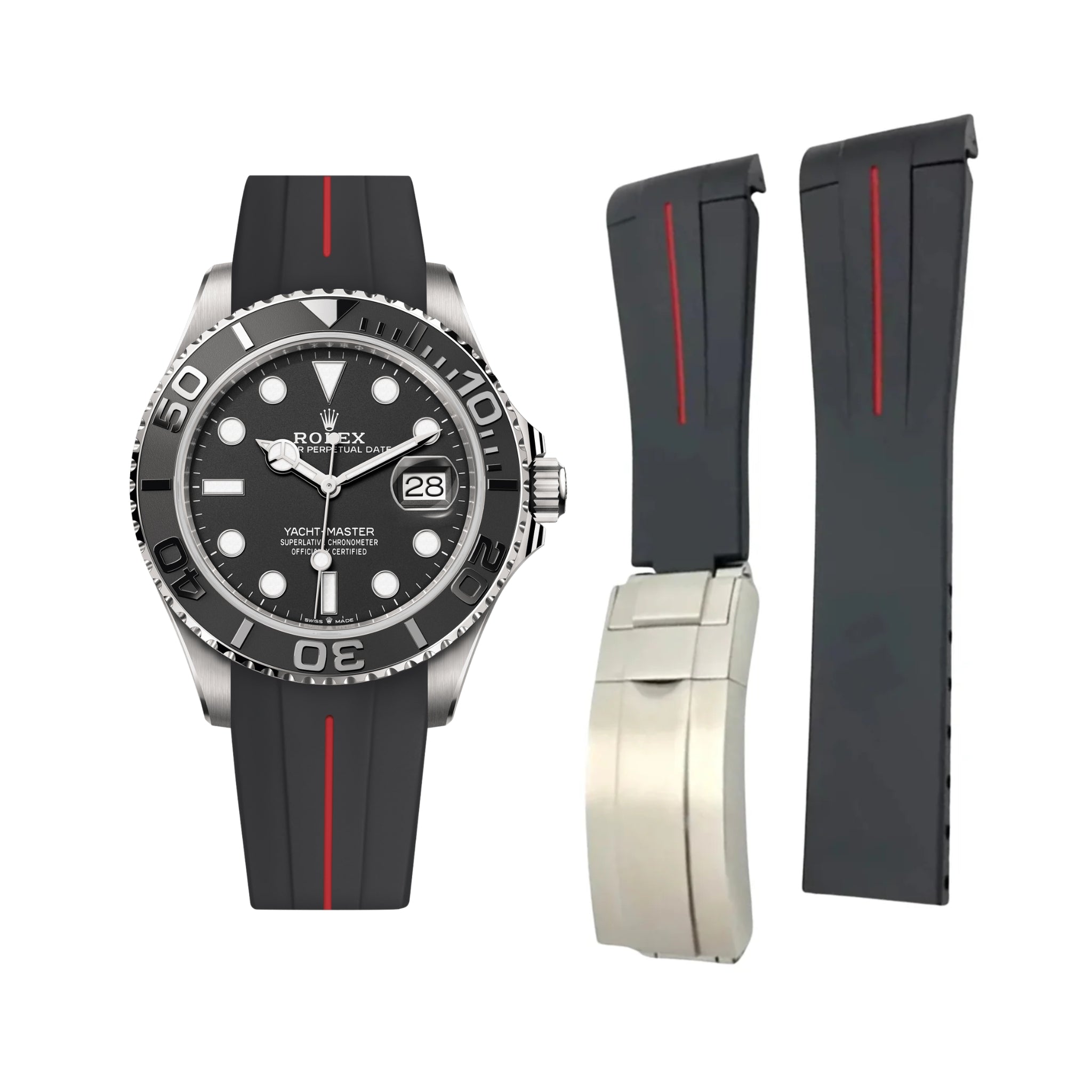 Deployant Rubber Strap - For Rolex Yacht - Master - Black w/Red Line | LuxLine® - Helvetus