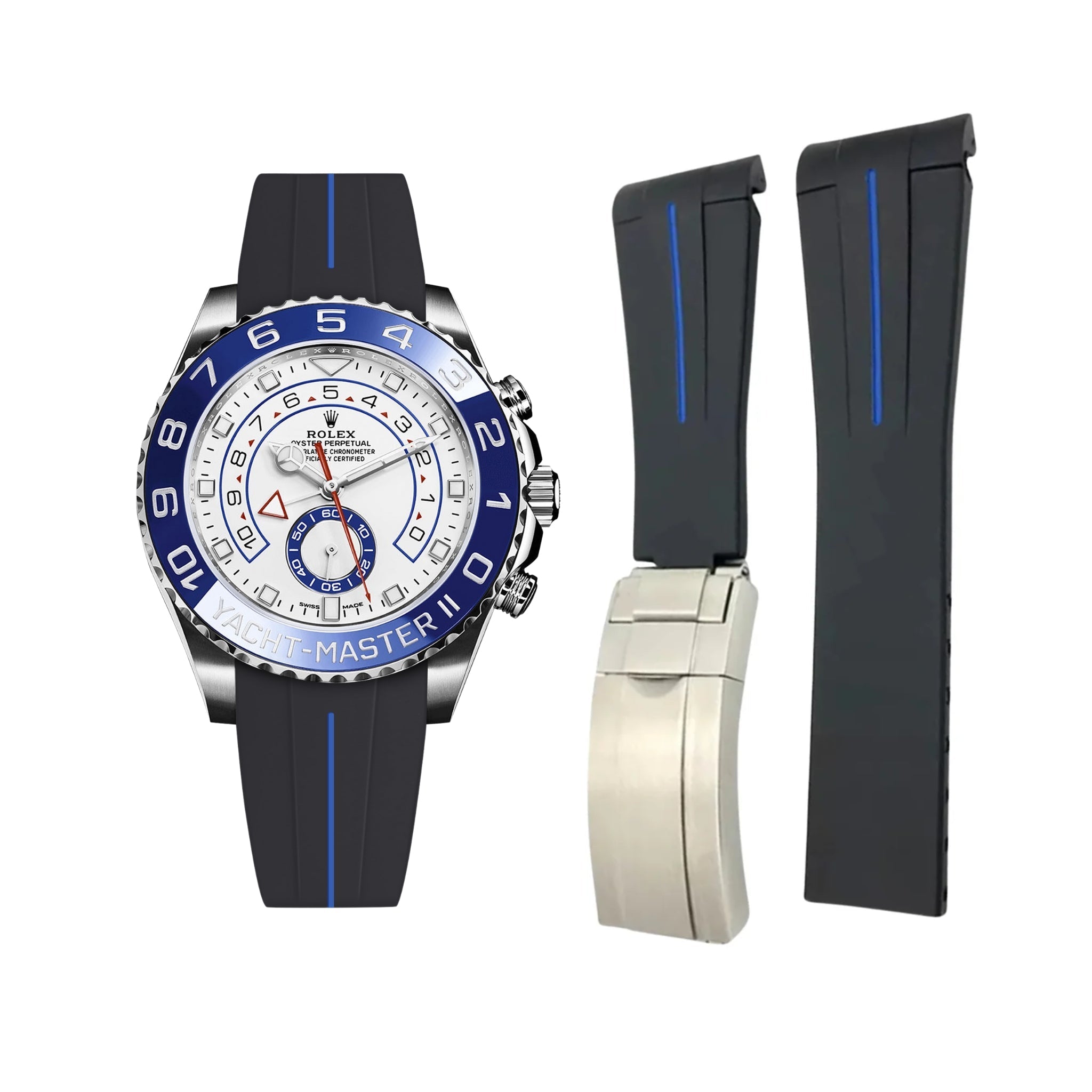 Deployant Rubber Strap - For Rolex Yacht - Master II - Black w/Blue Line | LuxLine® - Helvetus