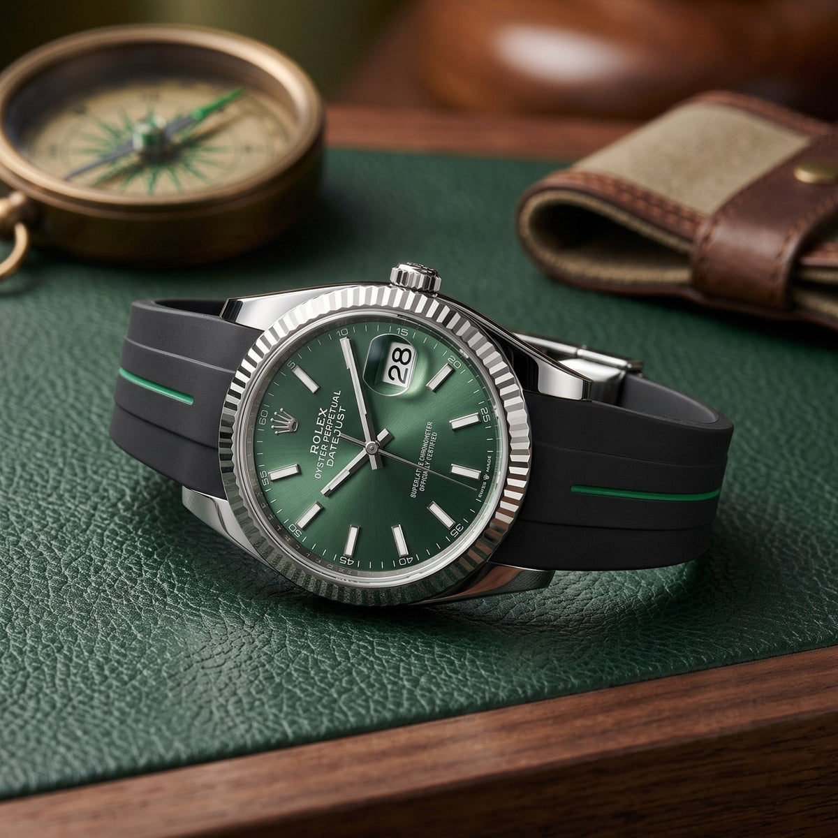 Faltschließe Kautschukarmband für Rolex Datejust 36 – LuxLine® - Schwarz/Grün - Helvetus