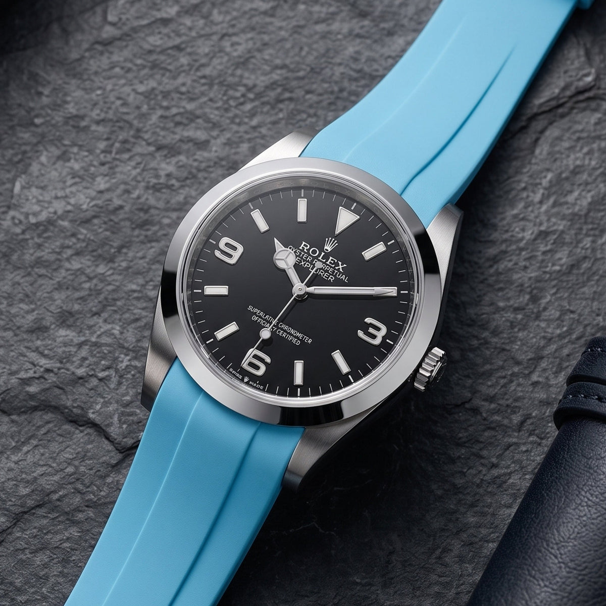 Faltschließe Kautschukarmband für Rolex Explorer I – Hell Blau - Helvetus