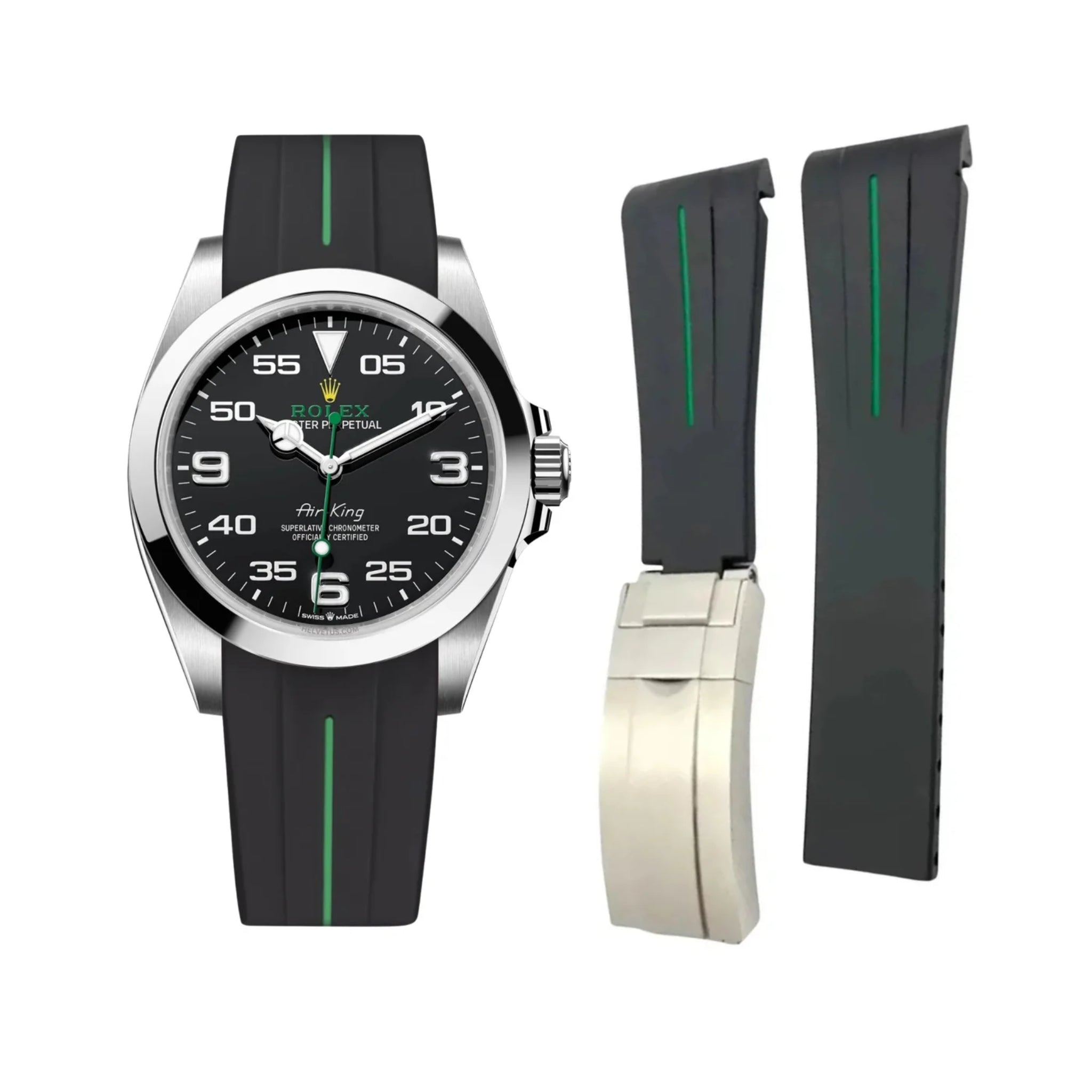 Faltschließe Kautschukarmband für Rolex Air - King 126900/116900 – Schwarz/Grün | LuxLine® - Helvetus DE