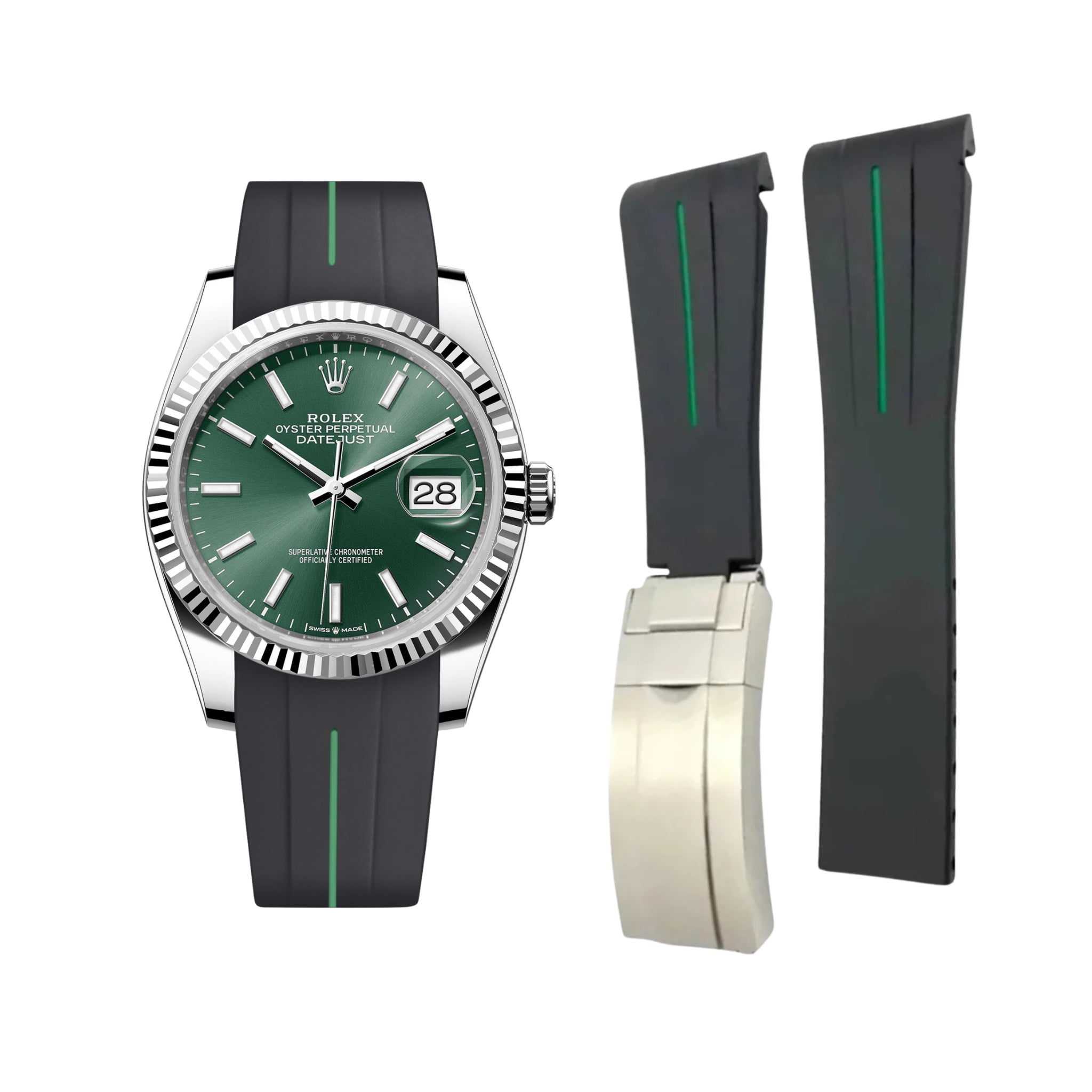 Faltschließe Kautschukarmband für Rolex Datejust 36 – LuxLine® - Schwarz/Grün - Helvetus DE