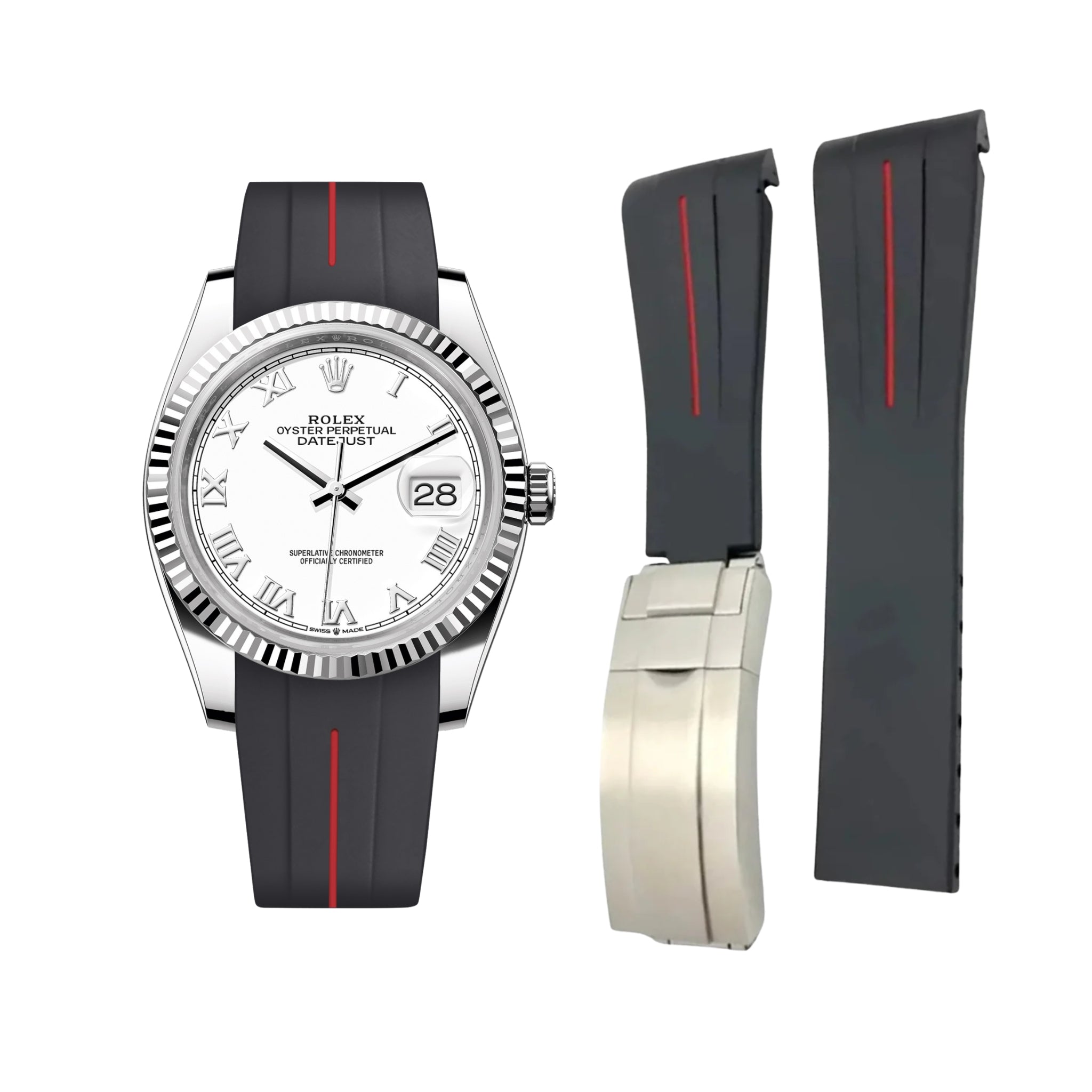 Faltschließe Kautschukarmband für Rolex Datejust 36 – LuxLine® - Schwarz/Rot - Helvetus DE