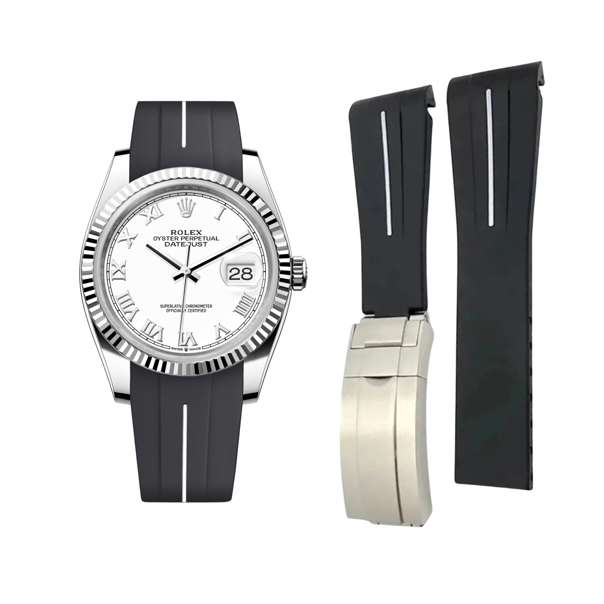 Faltschließe Kautschukarmband für Rolex Datejust 36 – LuxLine® - Schwarz/Weiss - Helvetus DE