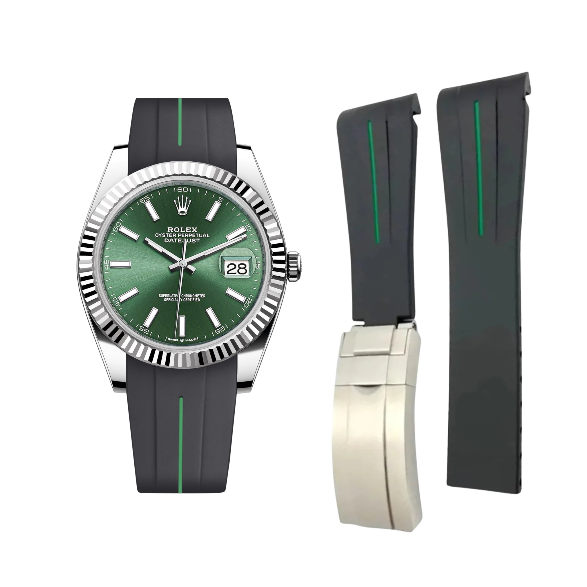 Faltschließe Kautschukarmband für Rolex Datejust 41mm – LuxLine® - Schwarz/Grün - Helvetus DE