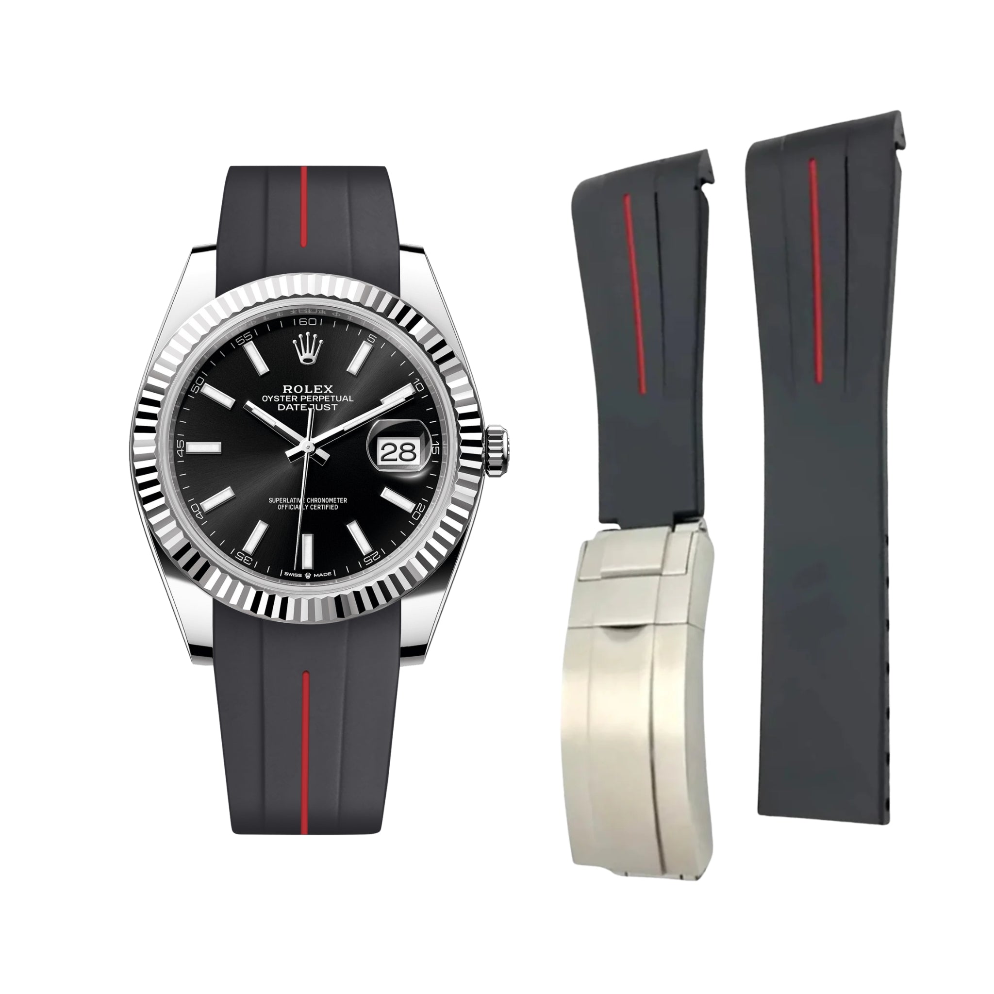 Faltschließe Kautschukarmband für Rolex Datejust 41mm – LuxLine® - Schwarz/Rot - Helvetus DE