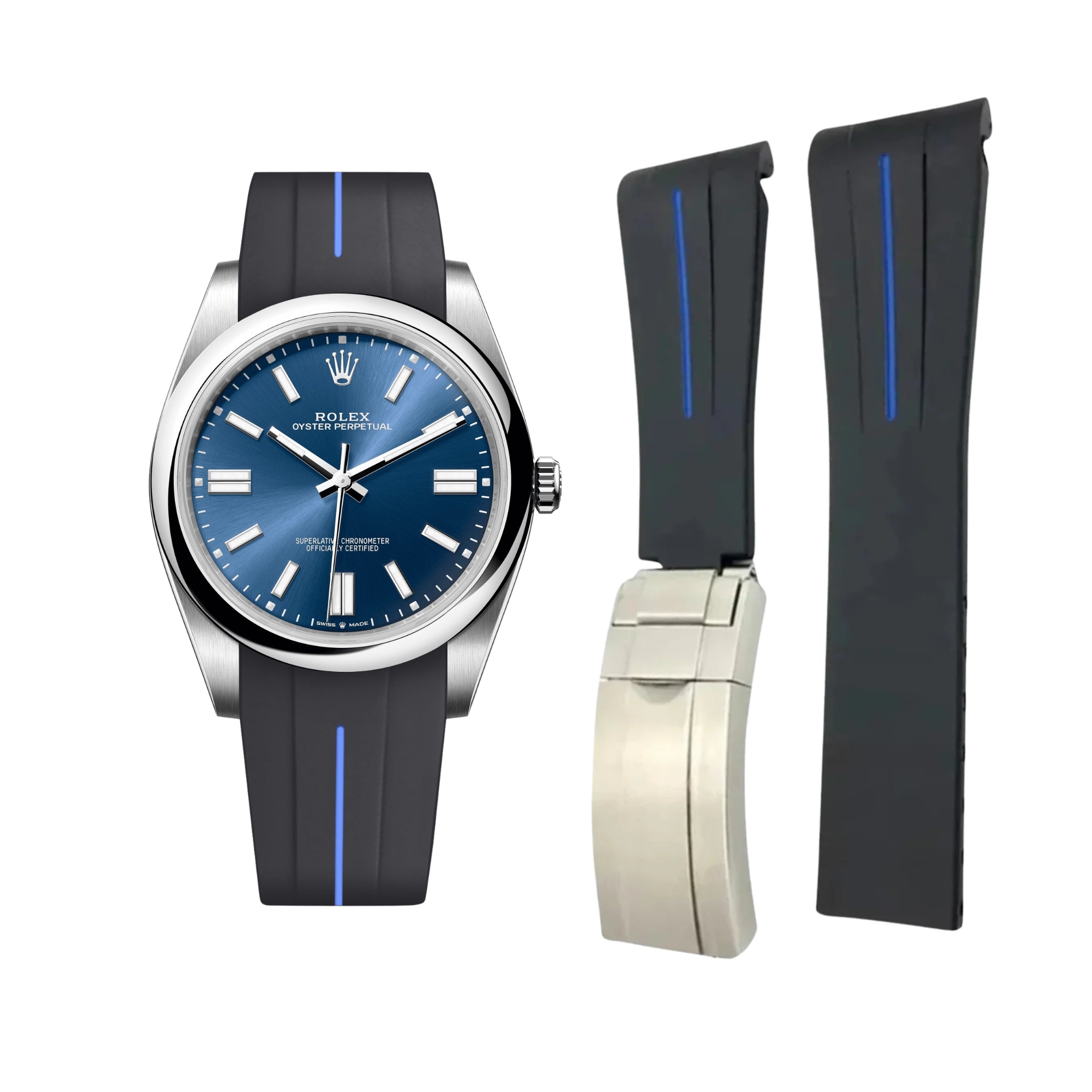 Faltschliesse Kautschukarmband für Rolex Oyster Perpetual 41 – LuxLine® - Schwarz/Blau - Helvetus DE
