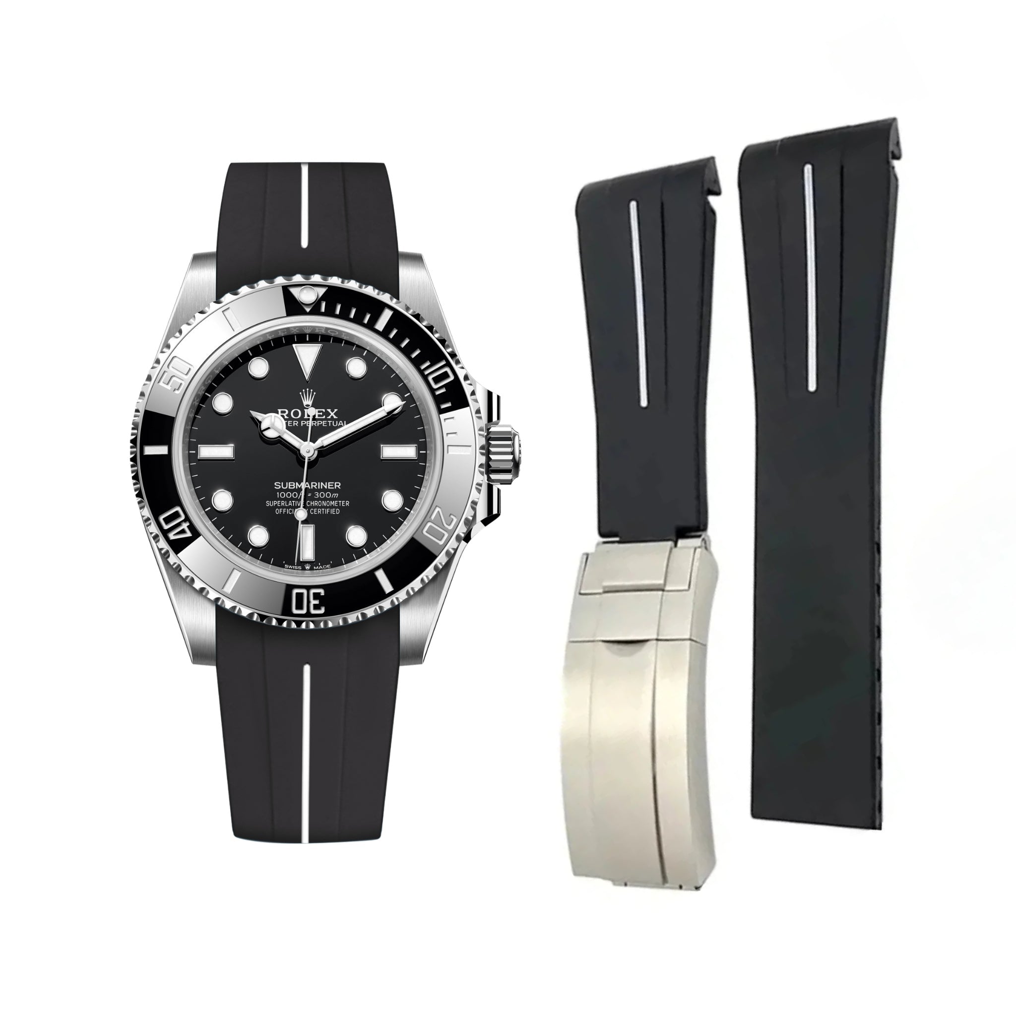 Faltschliesse Kautschukarmband für Rolex Submariner – Luxline® - Schwarz/Weiss - Helvetus DE
