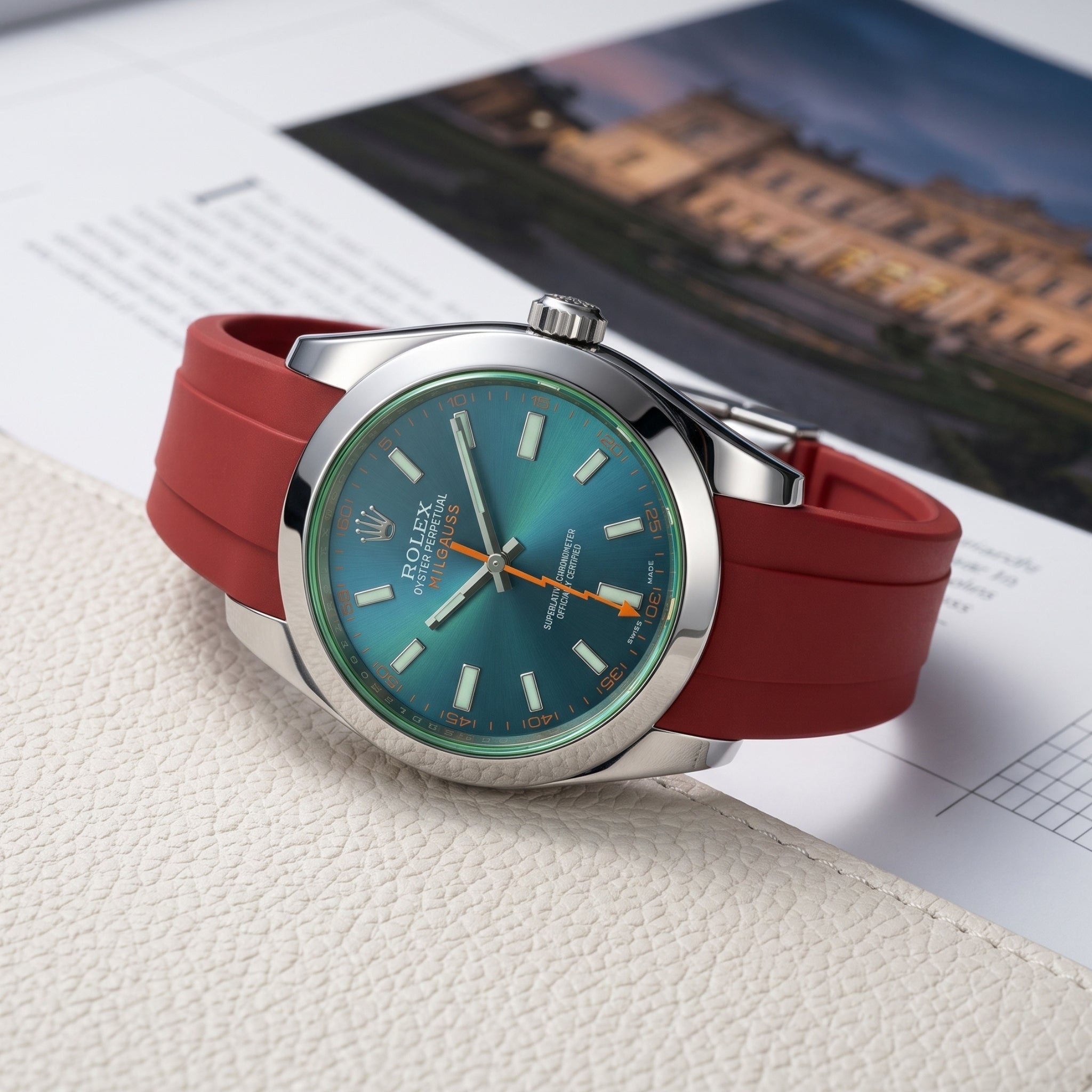 Faltschliessen Kautschukarmband für Rolex Milgauss in Bordeaux - Helvetus