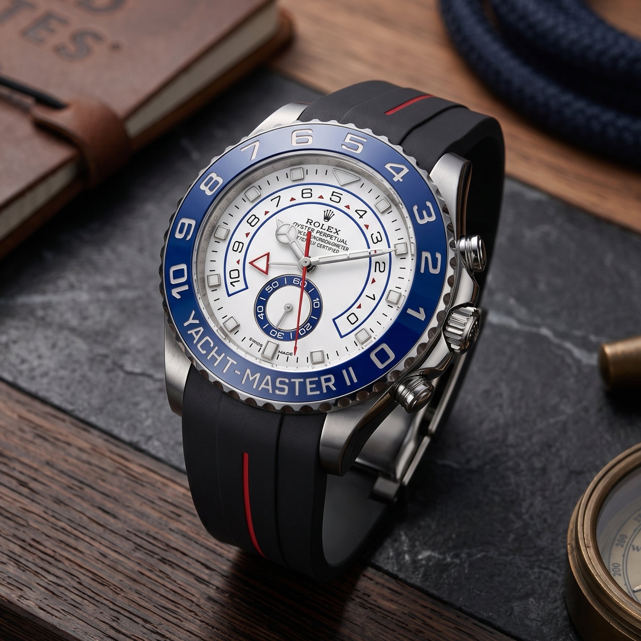 Faltschliessen Kautschukarmband für Rolex Yacht-Master II 44mm - Schwarz/Rot Linie | LuxLine® - Helvetus