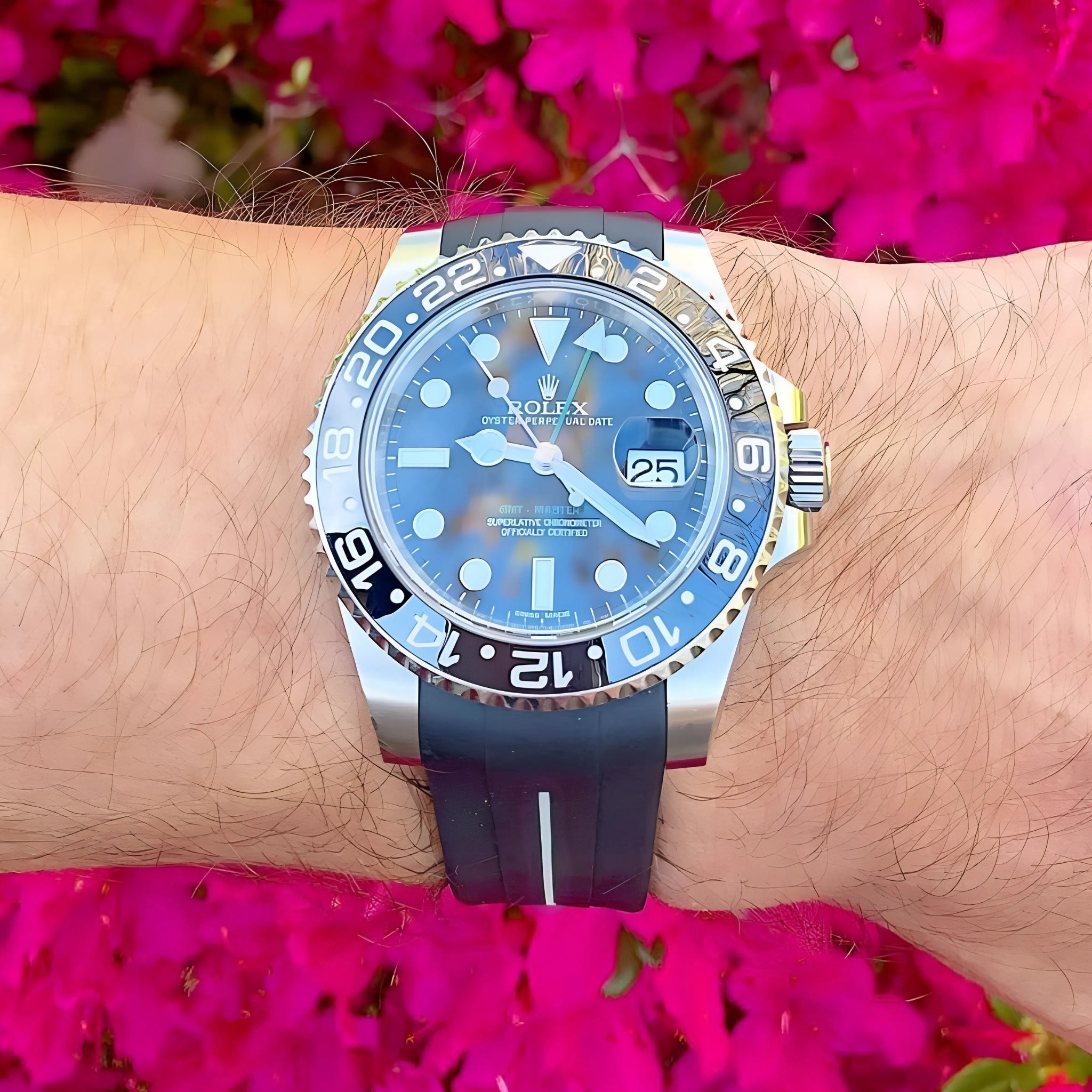 Faltschliessen Kautschukarmband für Rolex GMT - Master II in Schwarz mit Weisser Linie | LuxLine® - Helvetus DE