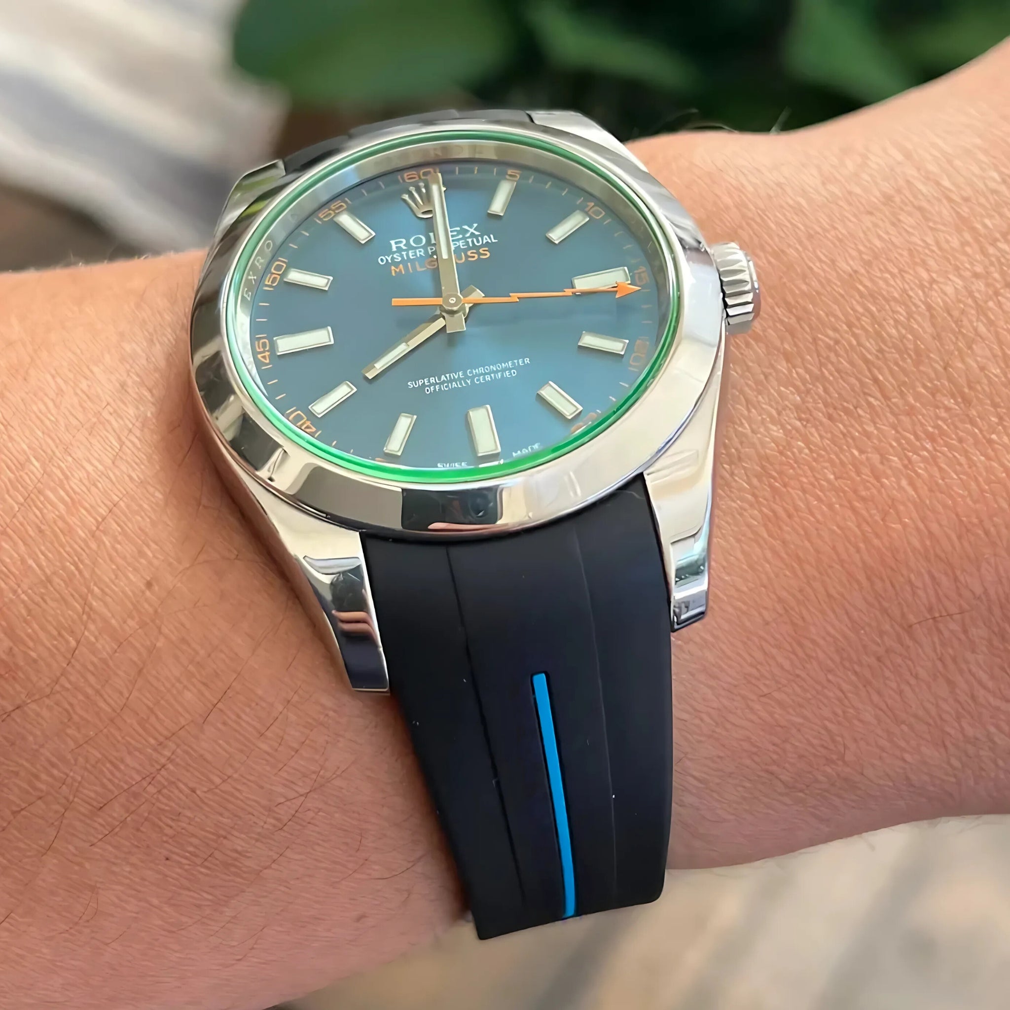 Faltschliessen Kautschukarmband für Rolex Milgauss – LuxLine® - Schwarz/Blau - Helvetus DE