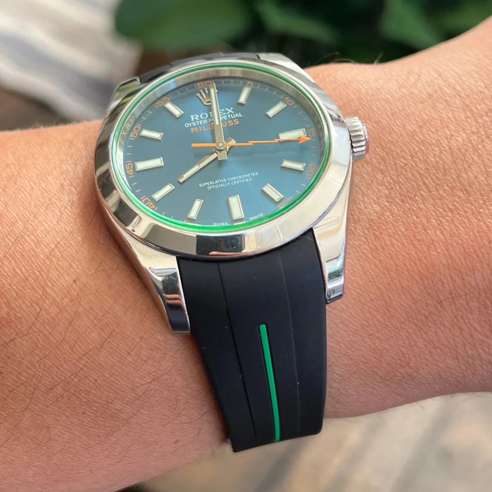 Faltschliessen Kautschukarmband für Rolex Milgauss – LuxLine® - Schwarz/Grün - Helvetus DE