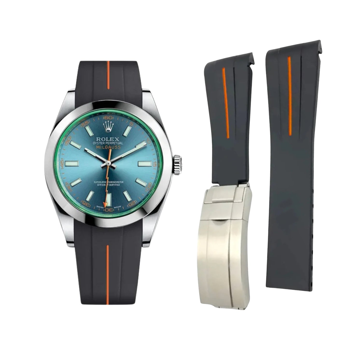 Faltschliessen Kautschukarmband für Rolex Milgauss – LuxLine® - Schwarz/Orange - Helvetus DE