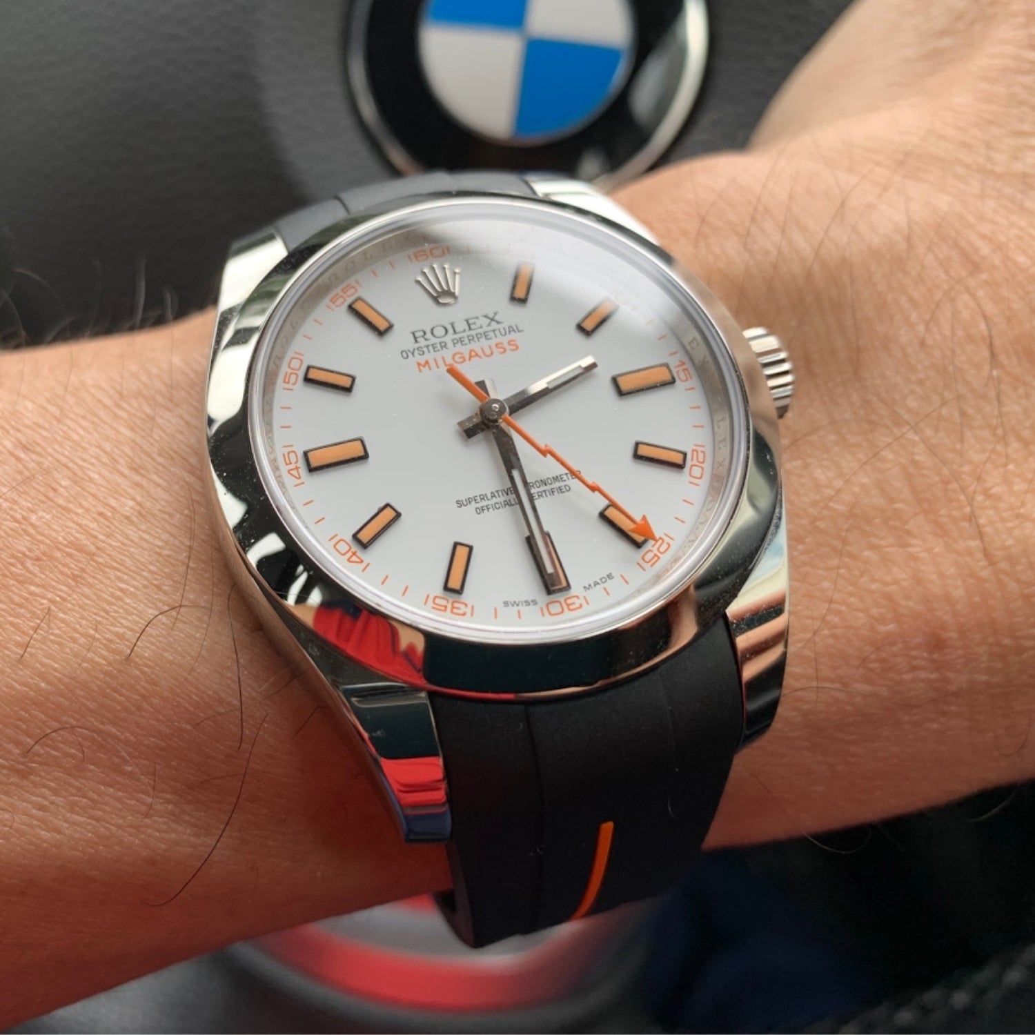 Faltschliessen Kautschukarmband für Rolex Milgauss – LuxLine® - Schwarz/Orange - Helvetus DE