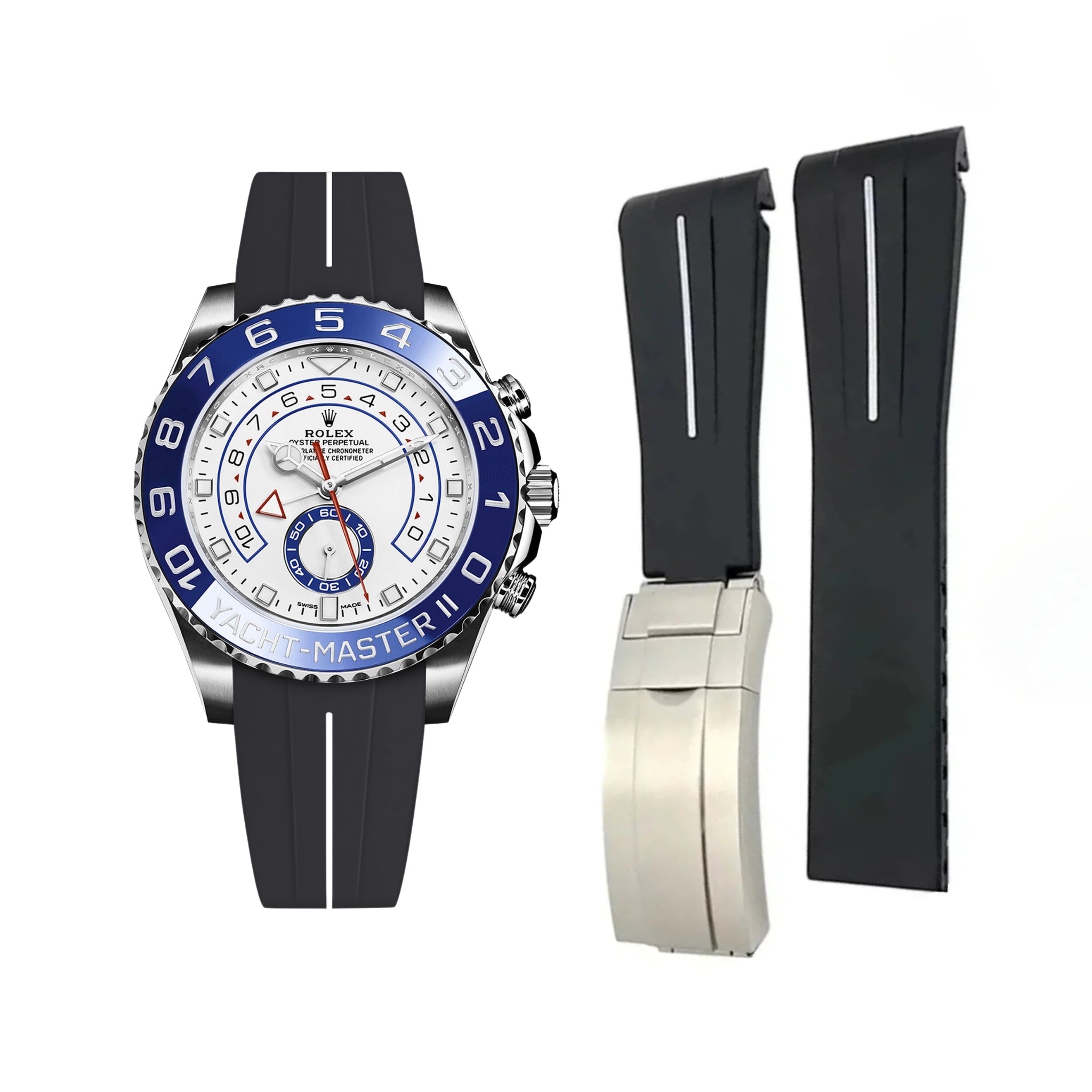 Faltschliessen Kautschukarmband für Rolex Yacht - Master II 44mm - Schwarz/Weiss Linie | LuxLine® - Helvetus DE