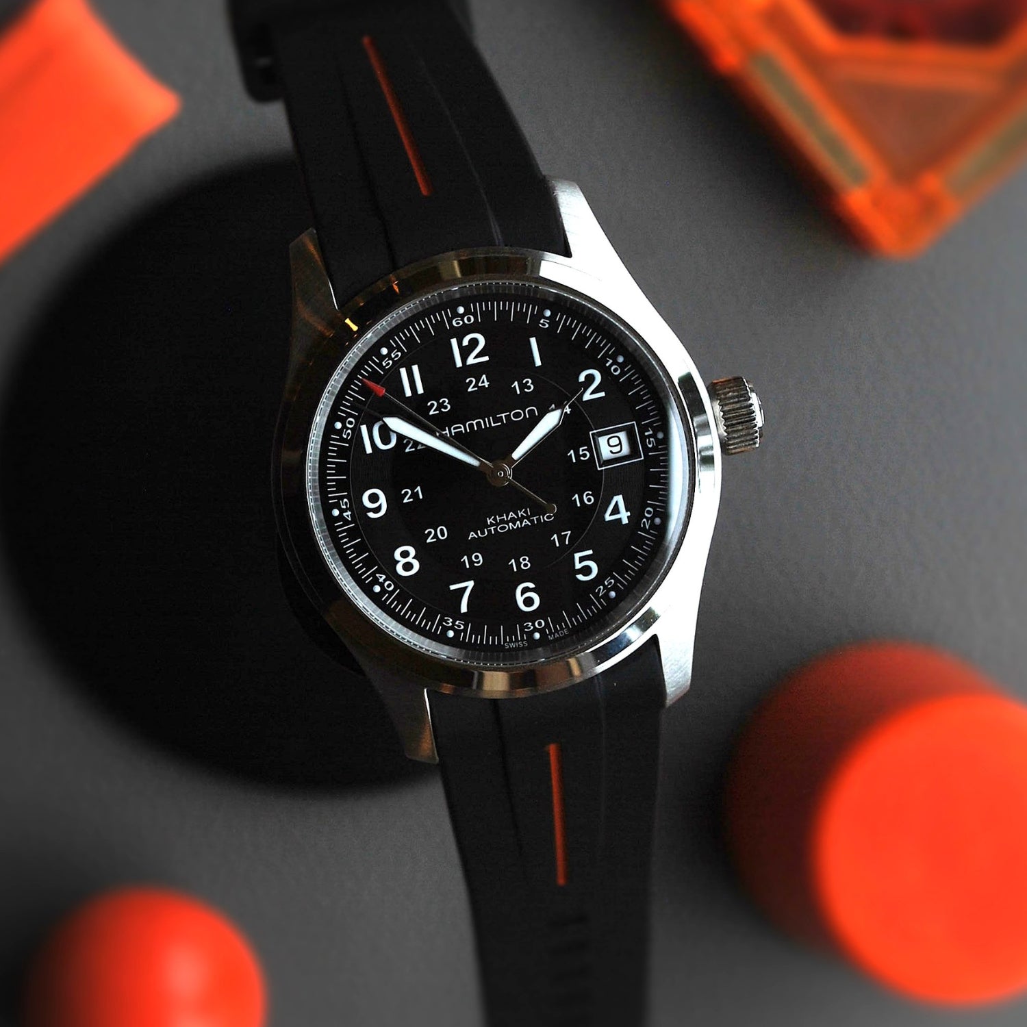 Kautschukarmband für Hamilton Khaki Field (38mm/40mm/42mm) - Schwarz/Orange LuxLine® - Helvetus DE