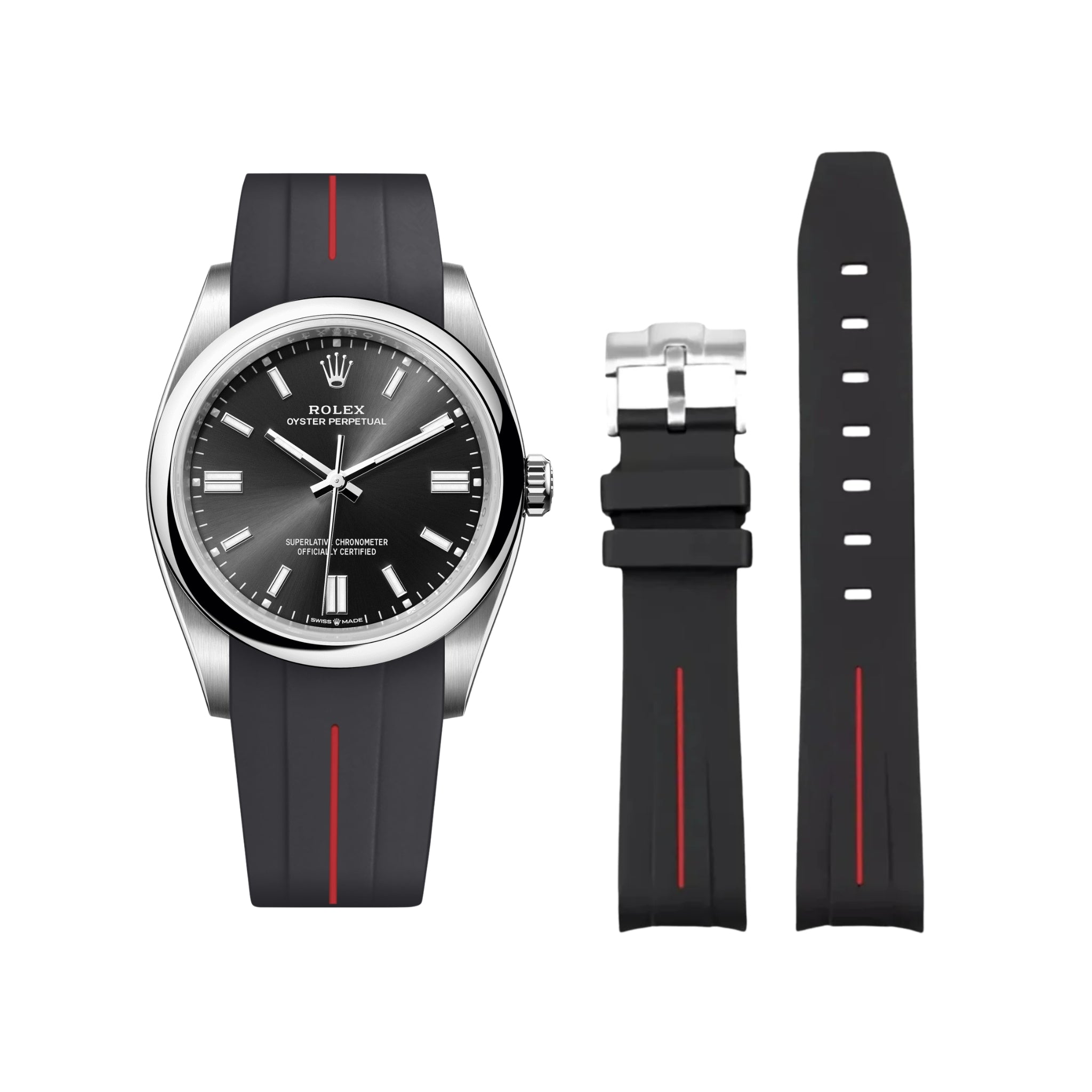 Kautschukarmband für Rolex Oyster Perpetual 36mm – LuxLine® - Schwarz/Rot - Helvetus DE