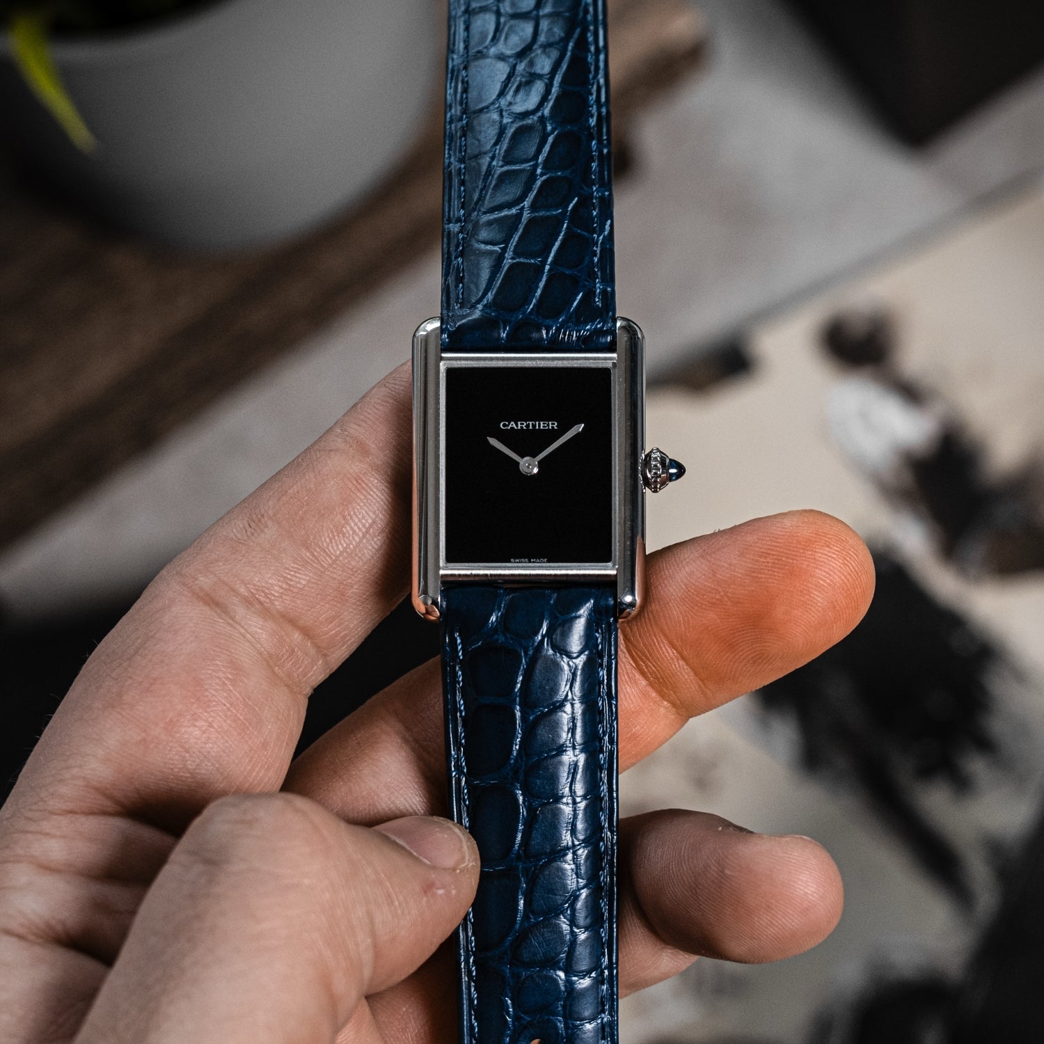 Krokodil Lederarmband für Cartier Tank / Tank Solo / Tank Must – Blau - Helvetus DE