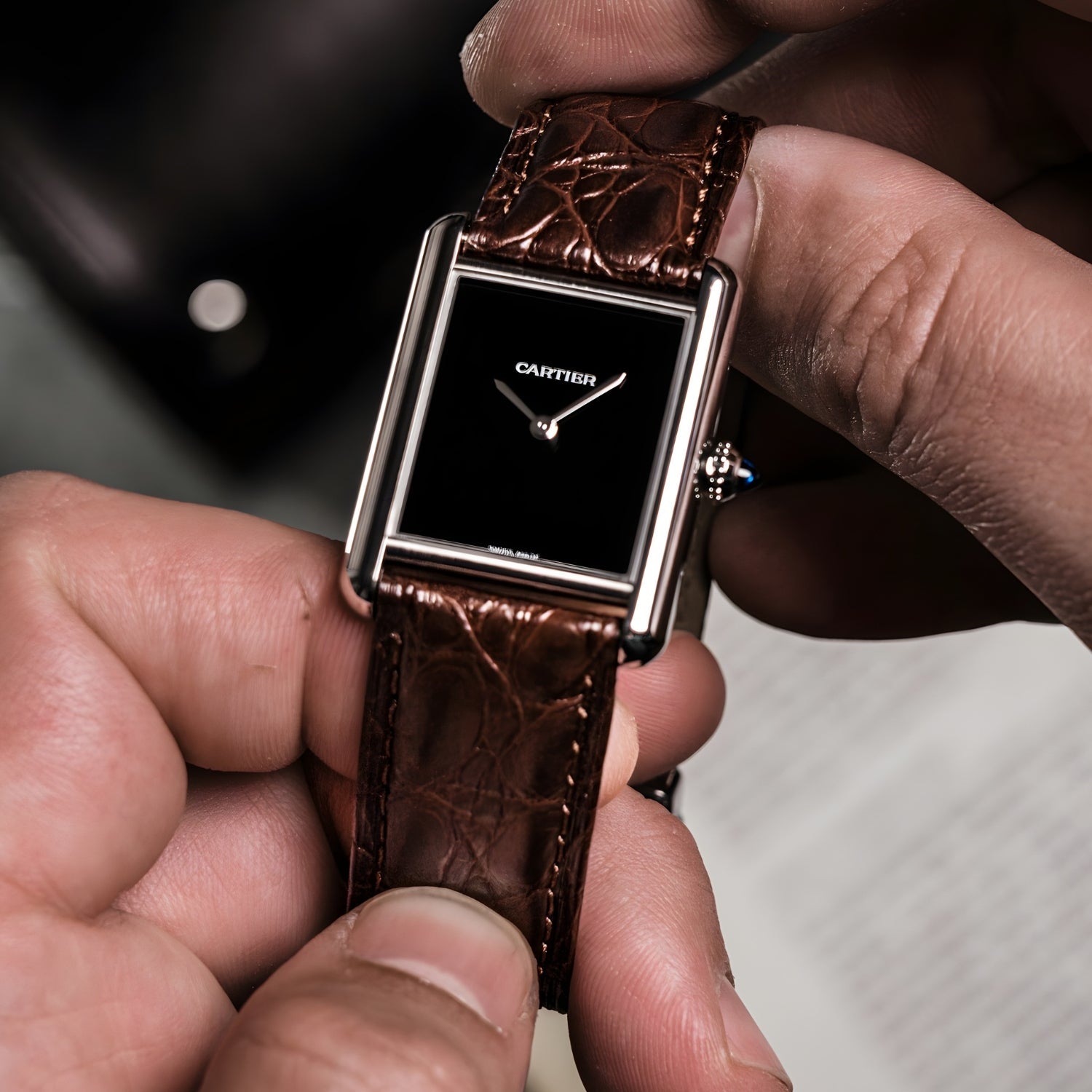 Krokodil Lederarmband für Cartier Tank / Tank Solo / Tank Must – Braun - Helvetus DE