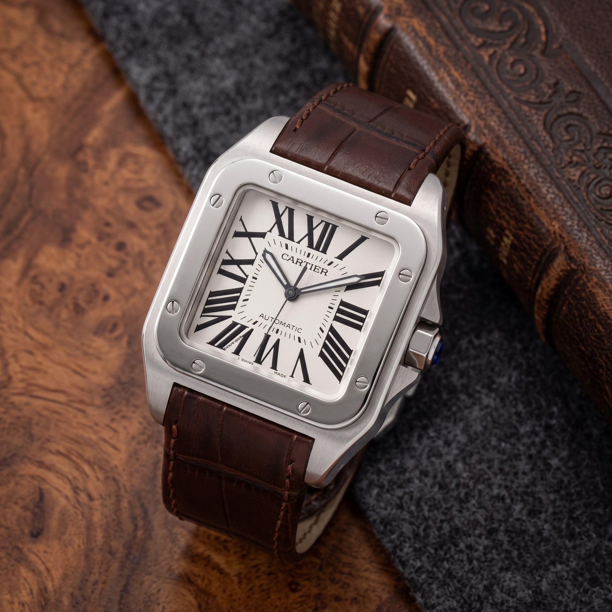 Leder Armband - für Cartier Santos 100 - Braun - Helvetus