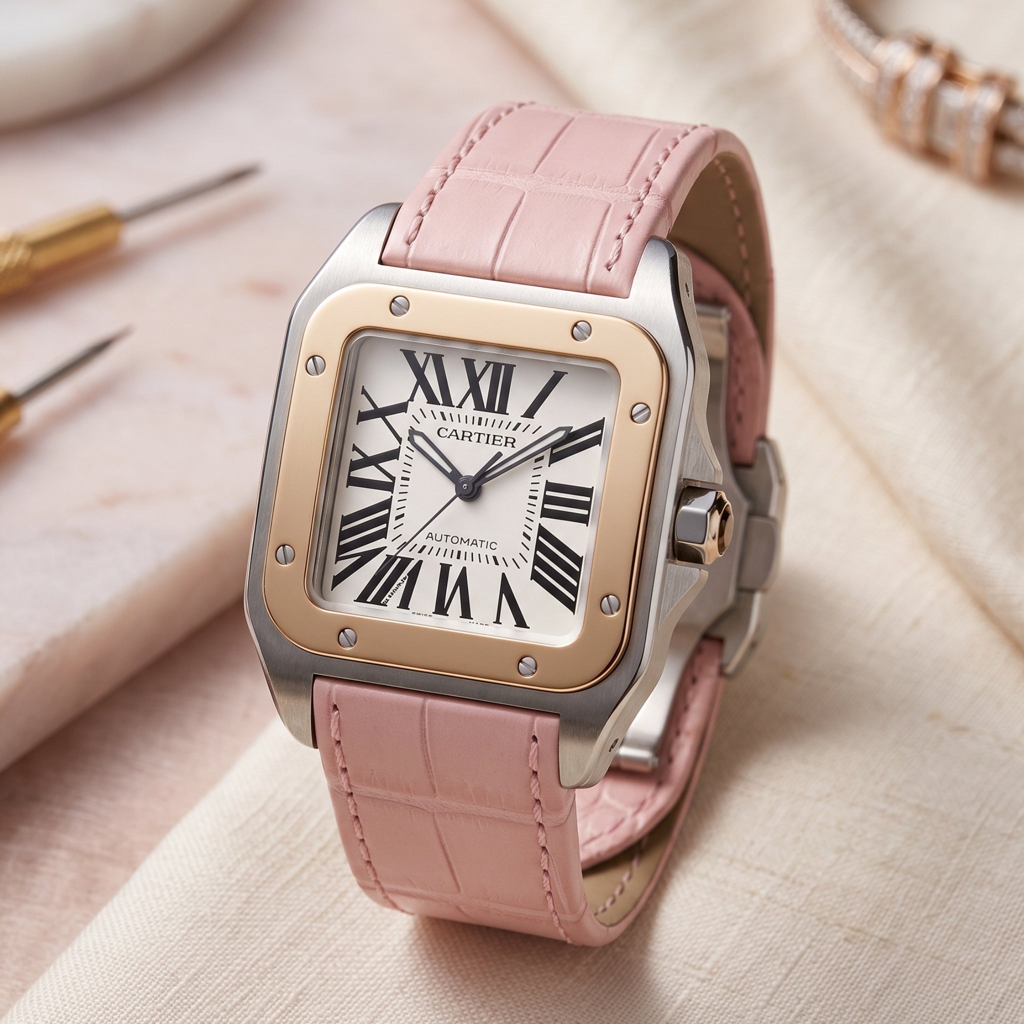Leder Armband - für Cartier Santos 100 - Pink - Helvetus