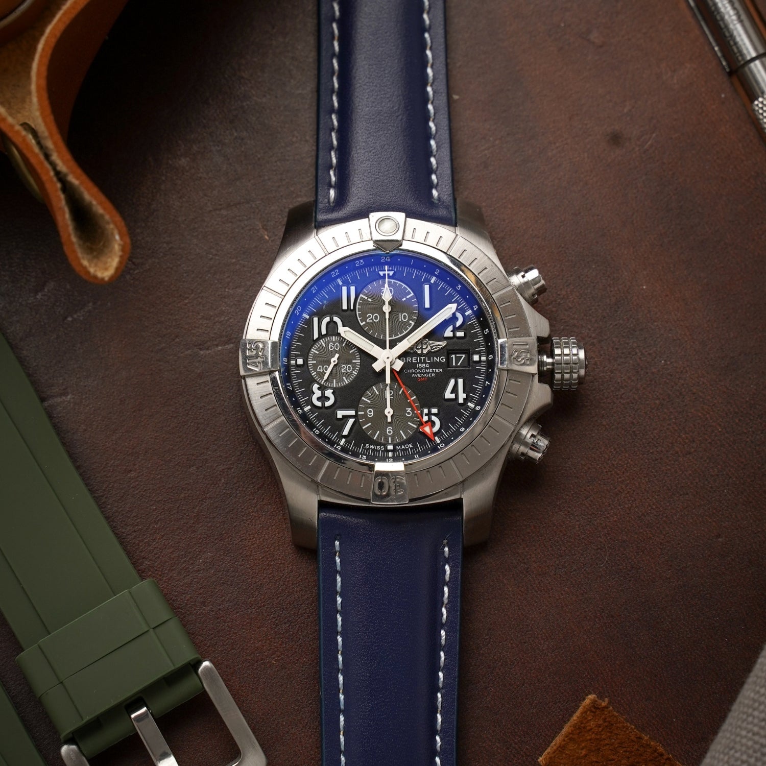 Leder Armband - für Breitling Uhren - Flach Dunkel Blau - Helvetus DE