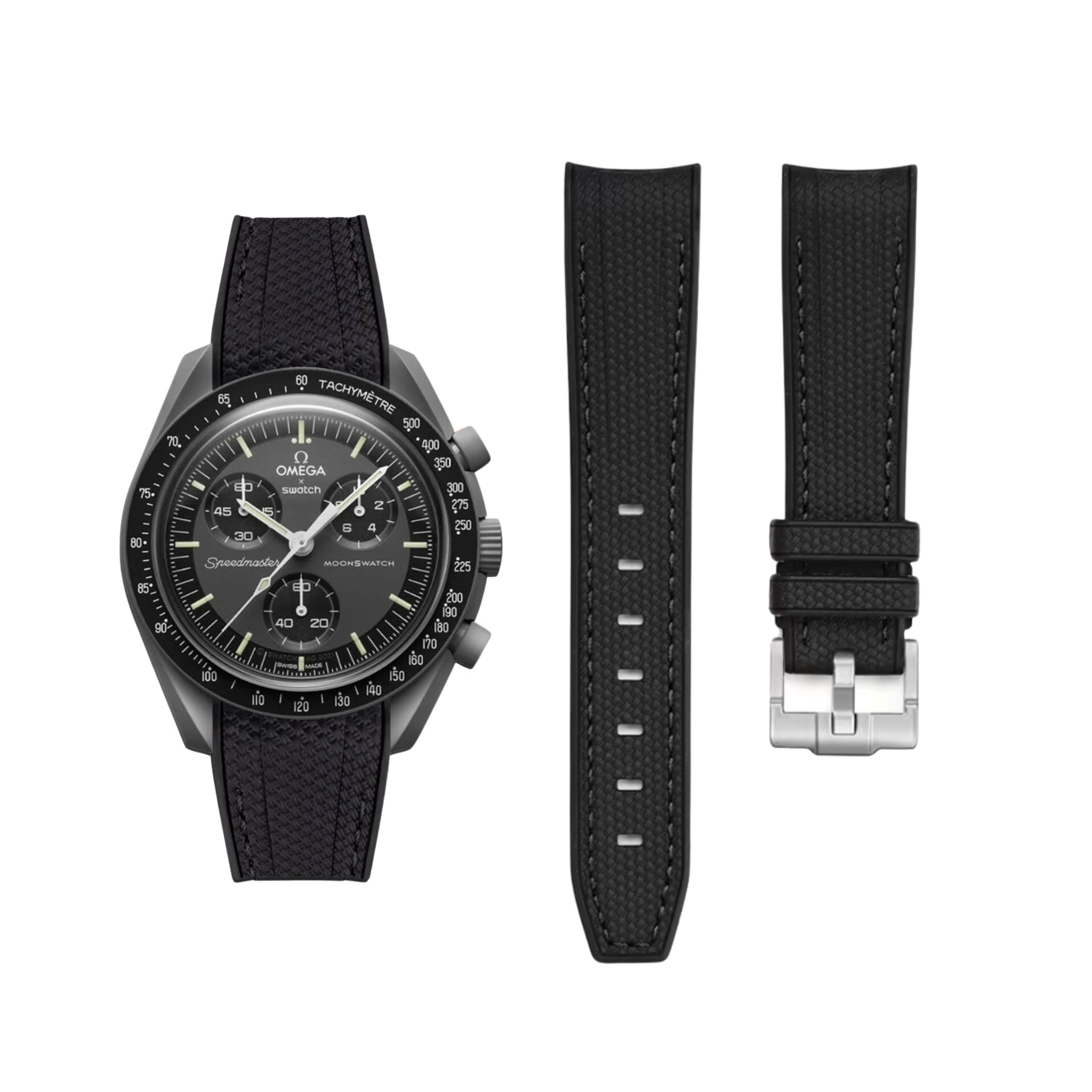 Rubber Strap - For Mission to Mercury | Omega X Swatch | MoonSwatch - Black w/Black Line - Helvetus