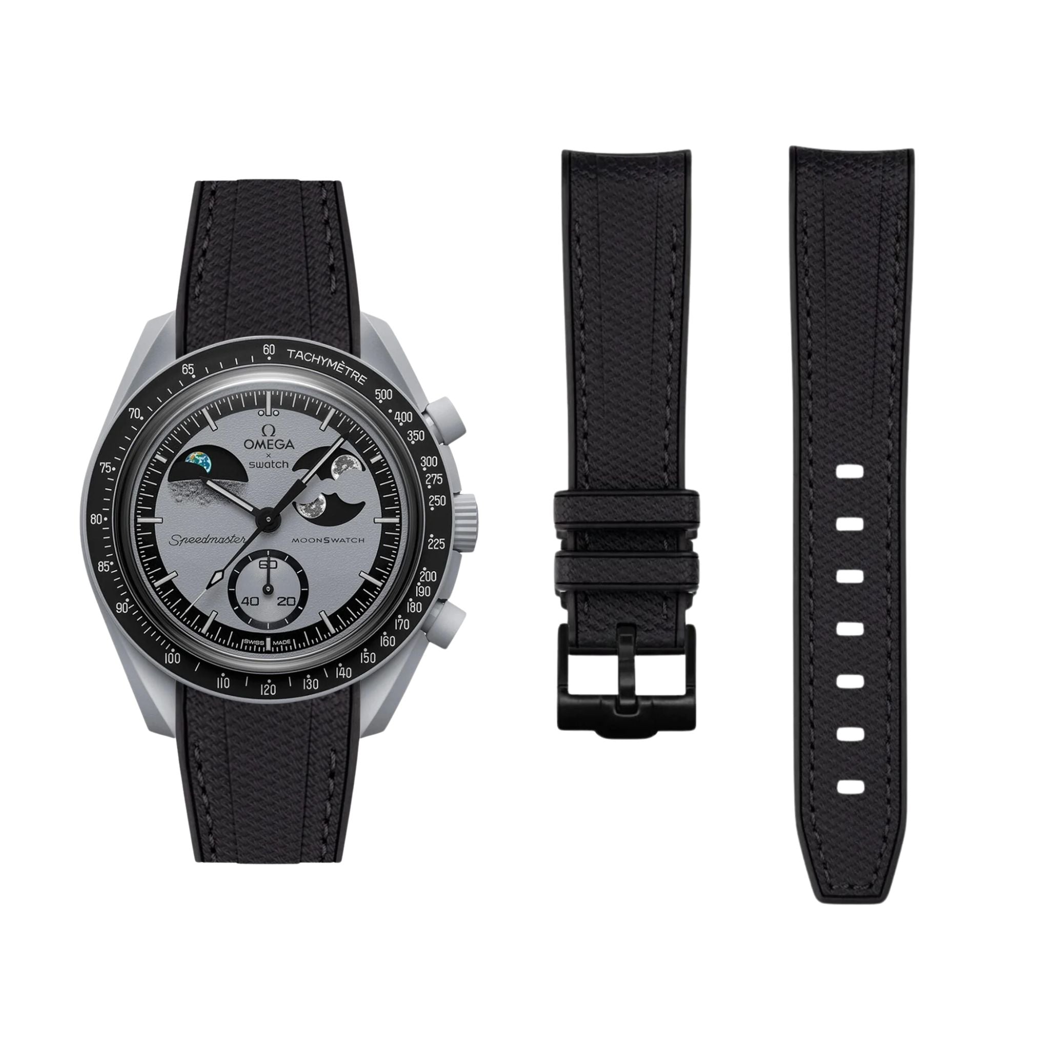 Rubber Strap - For MoonSwatch Mission To EarthPhase - Black w/Black - Helvetus