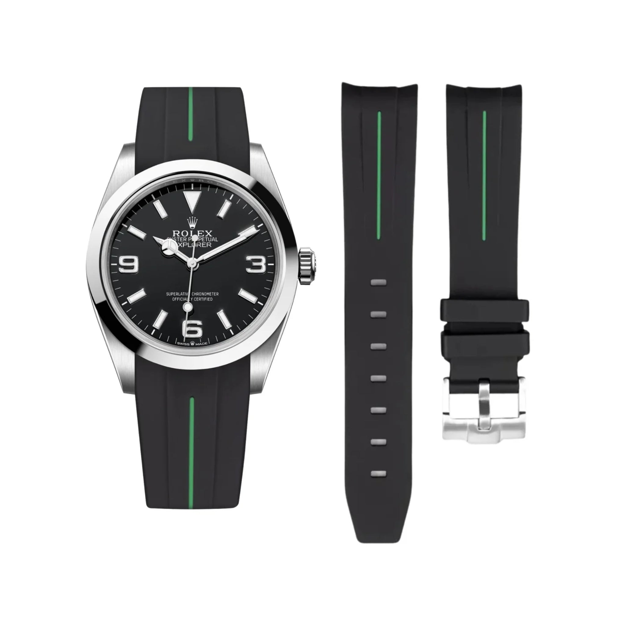 Rubber Strap - For Rolex Explorer I - Black w/Green Line | LuxLine® - Helvetus